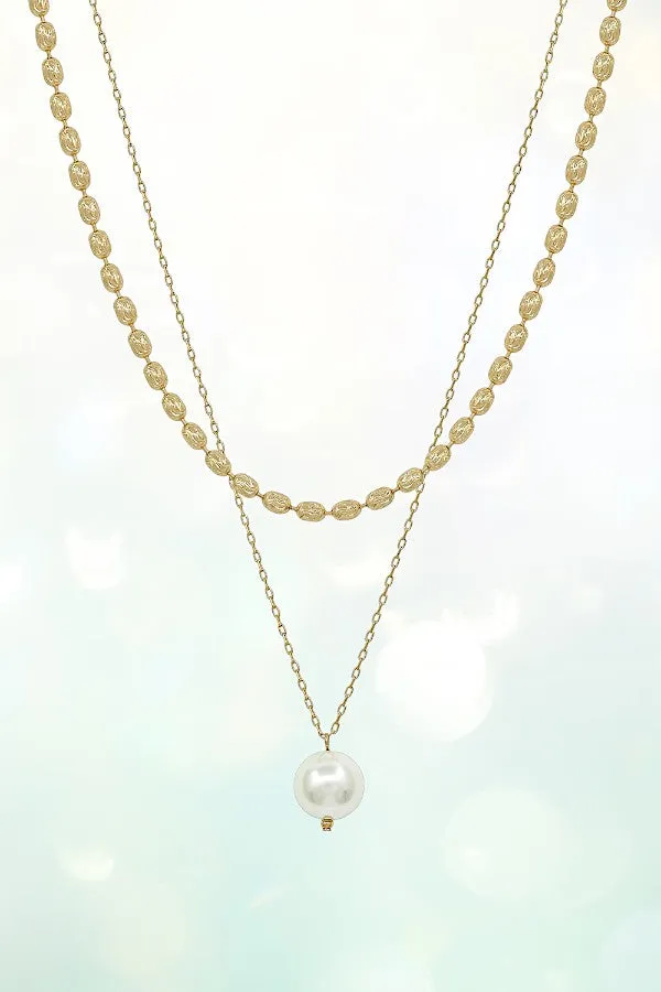 MIX CHAIN LAYERED PEARL PENDANT NECKLACE