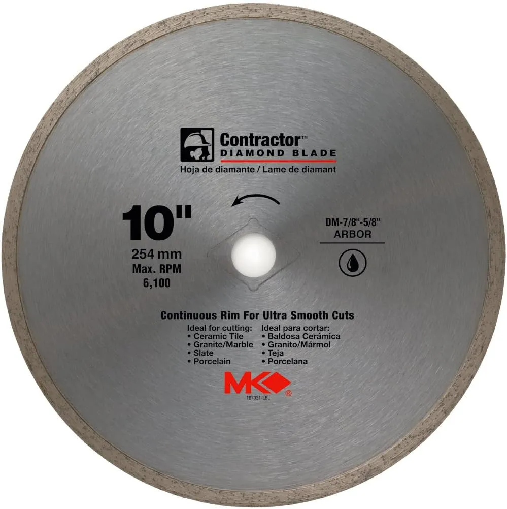 MK Diamond 167031 10" x 5/8" Contractor Quality Wet Cutting Continuous Rim Diamond Blade for Tile/Marble