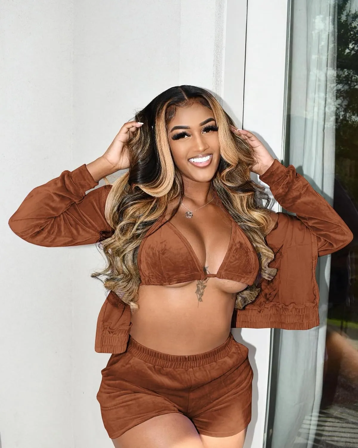 MOEENCN Women Sweatsuits Sets 3 Piece Outfits, Velvet Tracksuit Long Sleeve Hooded Zipper Jacket and Velvet Shorts Send Bra