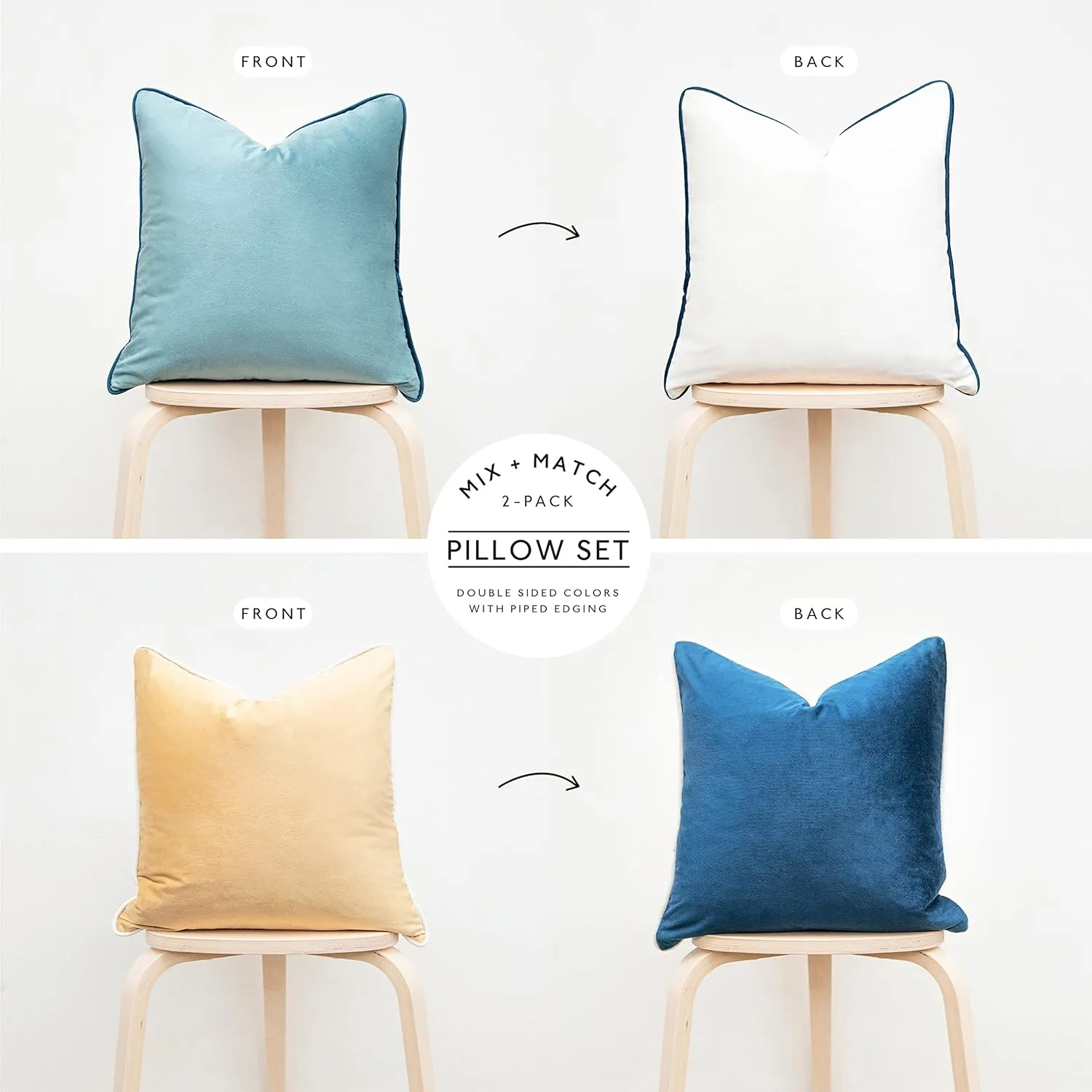 MONDAY MOOSE Decorative Throw Pillow Covers Cushion Cases, Set of 2 Soft Velvet Modern Double-Sided Designs, Mix and Match for Home Decor, Pillow Inserts Not Included (20x20 inch, Blue/Beige)