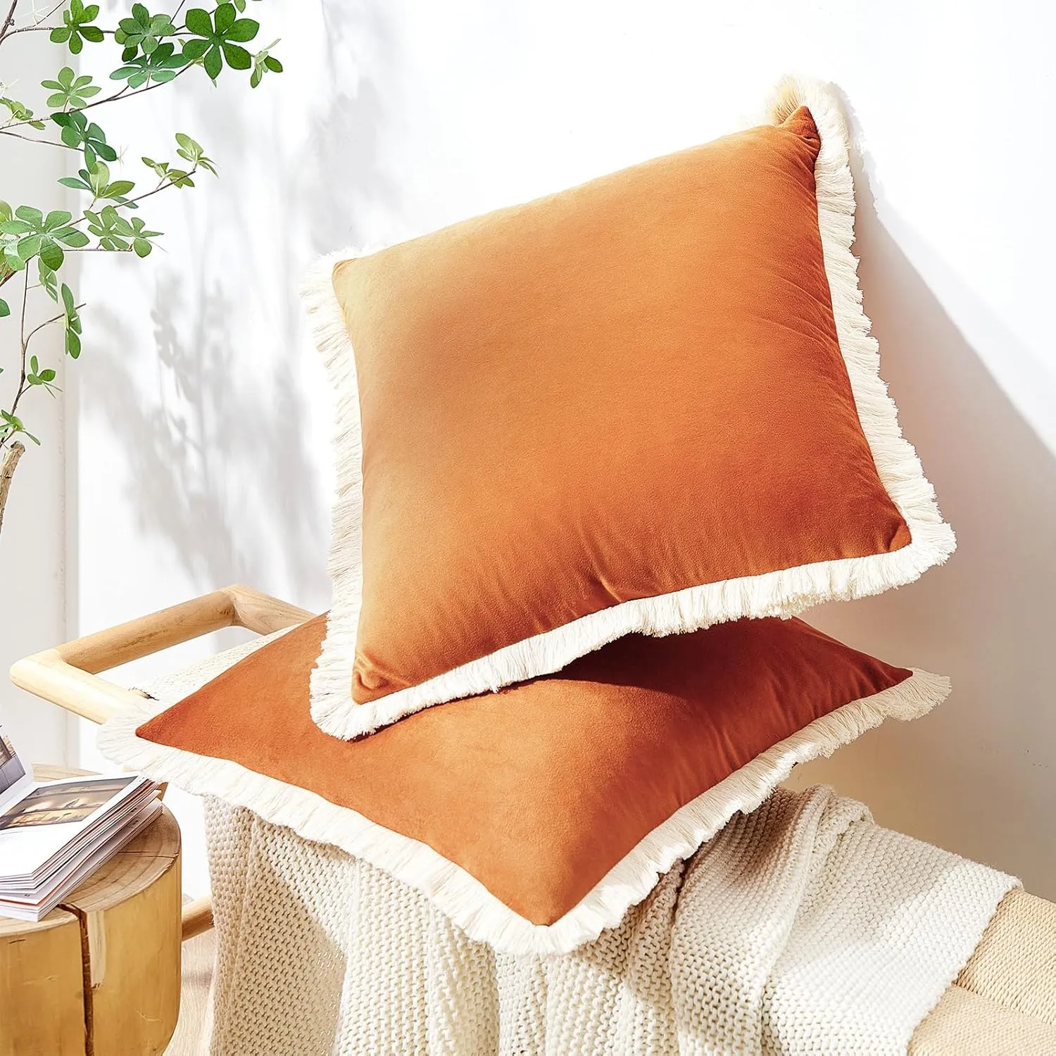 MONDAY MOOSE Decorative Throw Pillow Covers Cushion Cases, Set of 2 Soft Velvet Modern Fringe Tassel Designs, Mix and Match for Home Decor, Pillow Inserts Not Included (Orange, 16x16 inch)