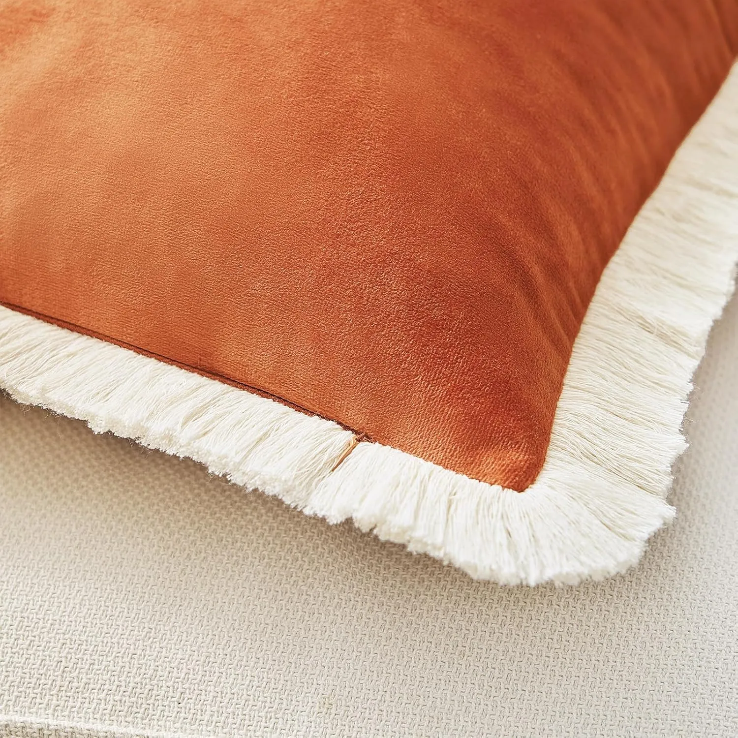 MONDAY MOOSE Decorative Throw Pillow Covers Cushion Cases, Set of 2 Soft Velvet Modern Fringe Tassel Designs, Mix and Match for Home Decor, Pillow Inserts Not Included (Orange, 16x16 inch)