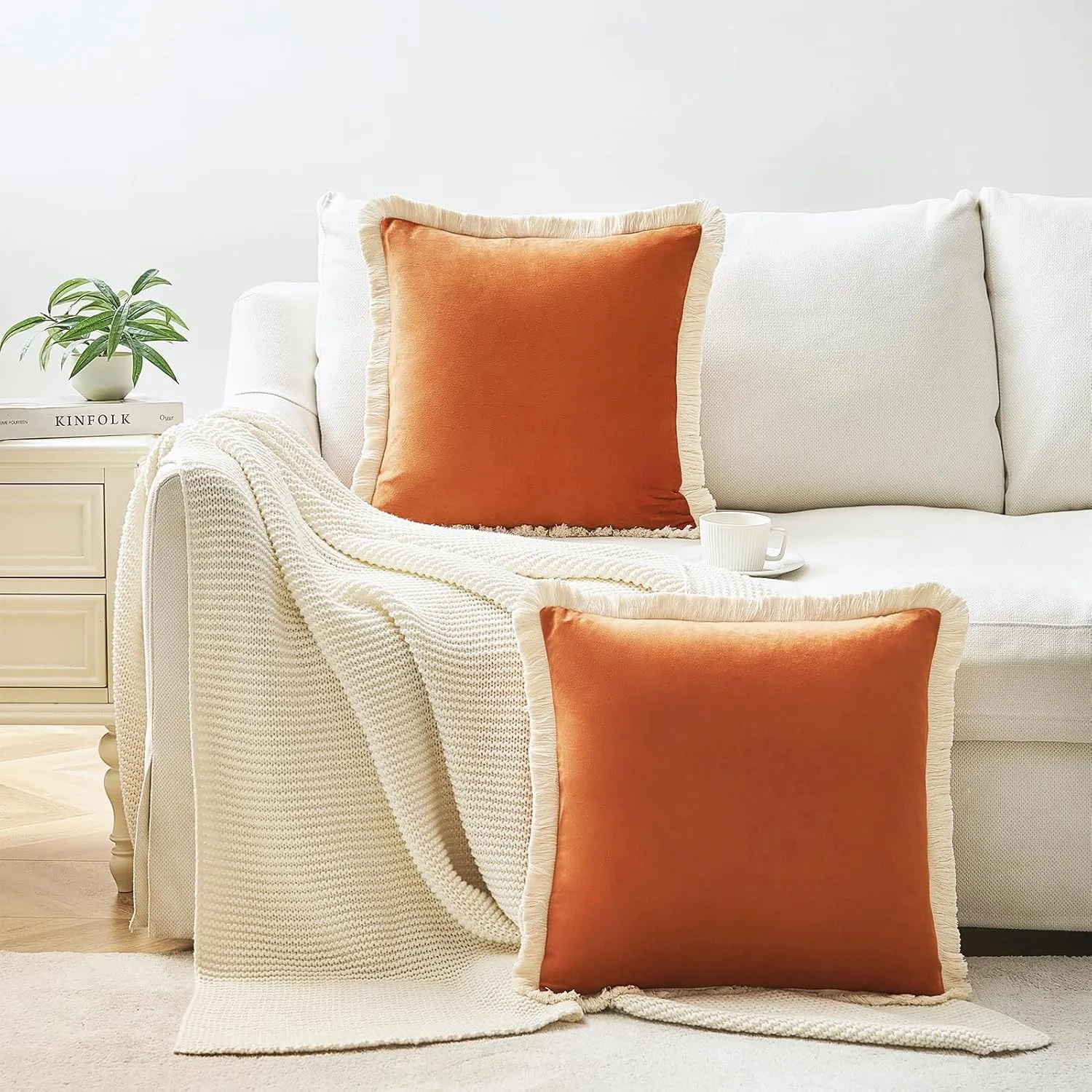 MONDAY MOOSE Decorative Throw Pillow Covers Cushion Cases, Set of 2 Soft Velvet Modern Fringe Tassel Designs, Mix and Match for Home Decor, Pillow Inserts Not Included (Orange, 16x16 inch)