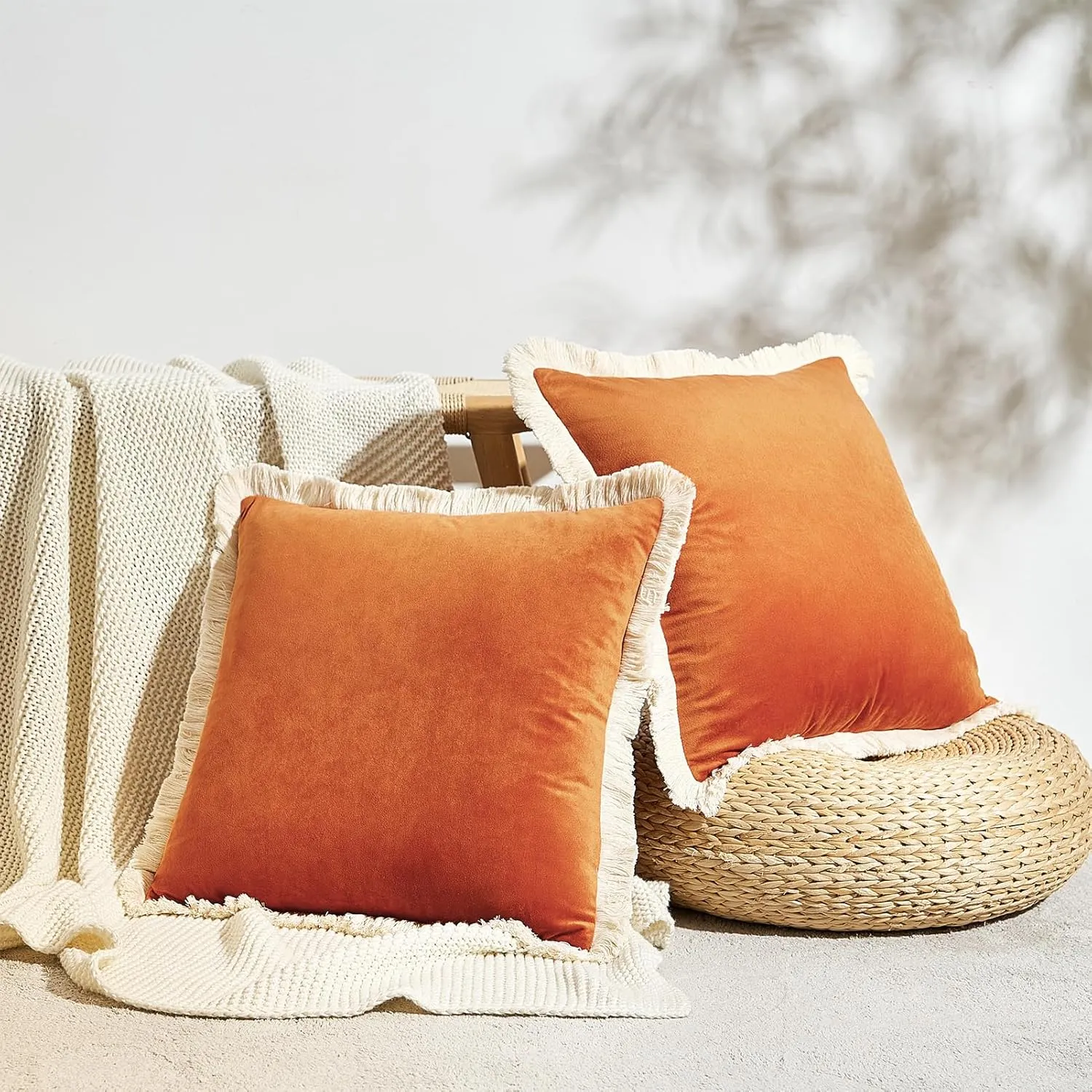 MONDAY MOOSE Decorative Throw Pillow Covers Cushion Cases, Set of 2 Soft Velvet Modern Fringe Tassel Designs, Mix and Match for Home Decor, Pillow Inserts Not Included (Orange, 16x16 inch)