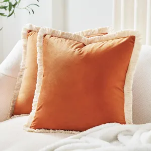 MONDAY MOOSE Decorative Throw Pillow Covers Cushion Cases, Set of 2 Soft Velvet Modern Fringe Tassel Designs, Mix and Match for Home Decor, Pillow Inserts Not Included (Orange, 16x16 inch)