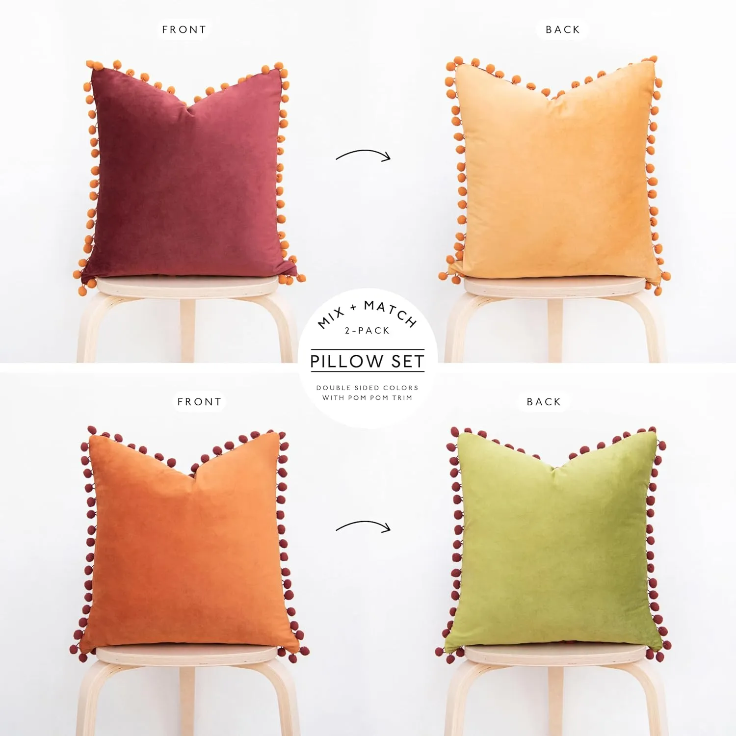 MONDAY MOOSE Decorative Throw Pillow Covers Cushion Cases, Set of 2 Soft Velvet Pom Poms Double-Sided Designs, Mix and Match for Home Decor, Pillow Inserts Not Included (18x18 inch, Yellow/Green)