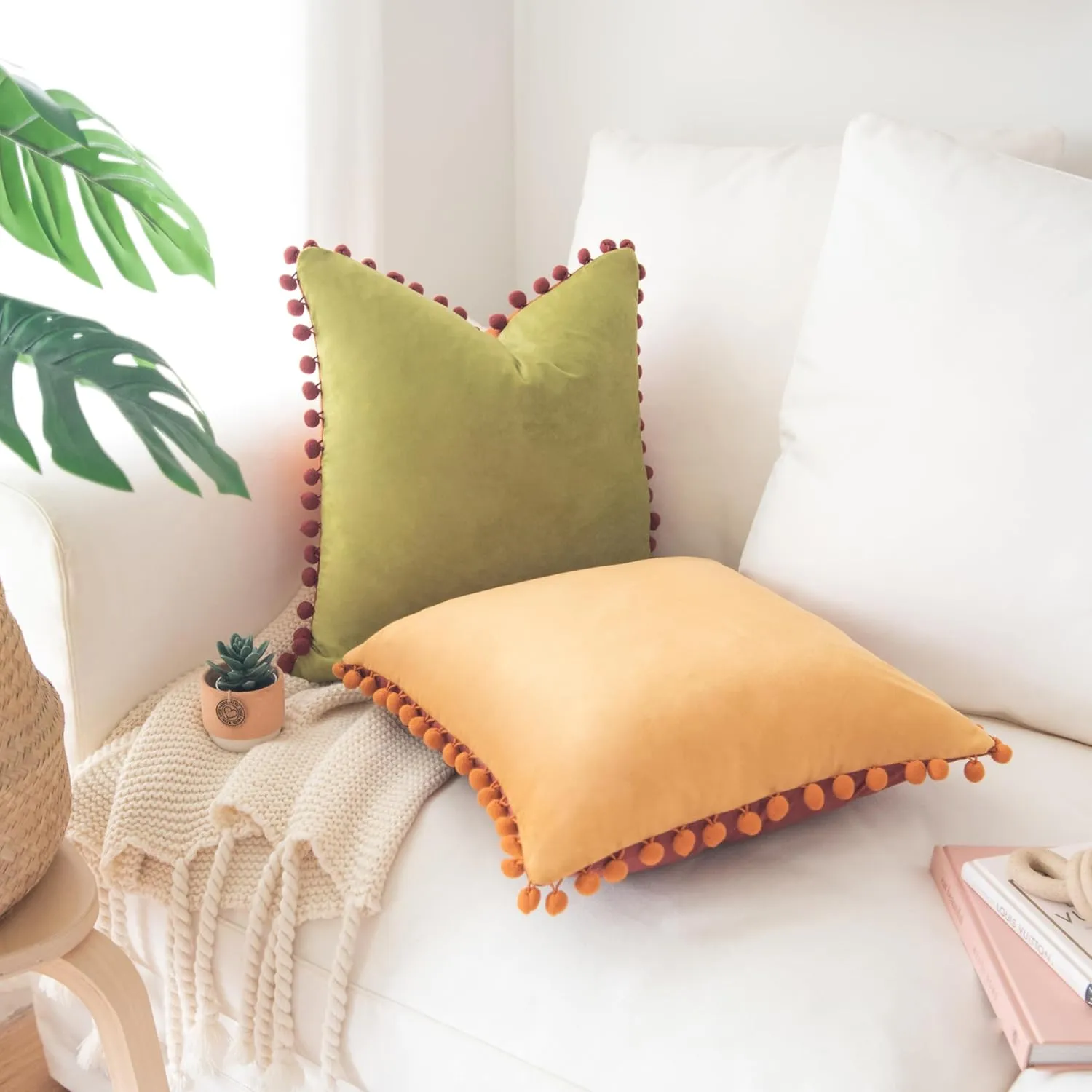MONDAY MOOSE Decorative Throw Pillow Covers Cushion Cases, Set of 2 Soft Velvet Pom Poms Double-Sided Designs, Mix and Match for Home Decor, Pillow Inserts Not Included (18x18 inch, Yellow/Green)