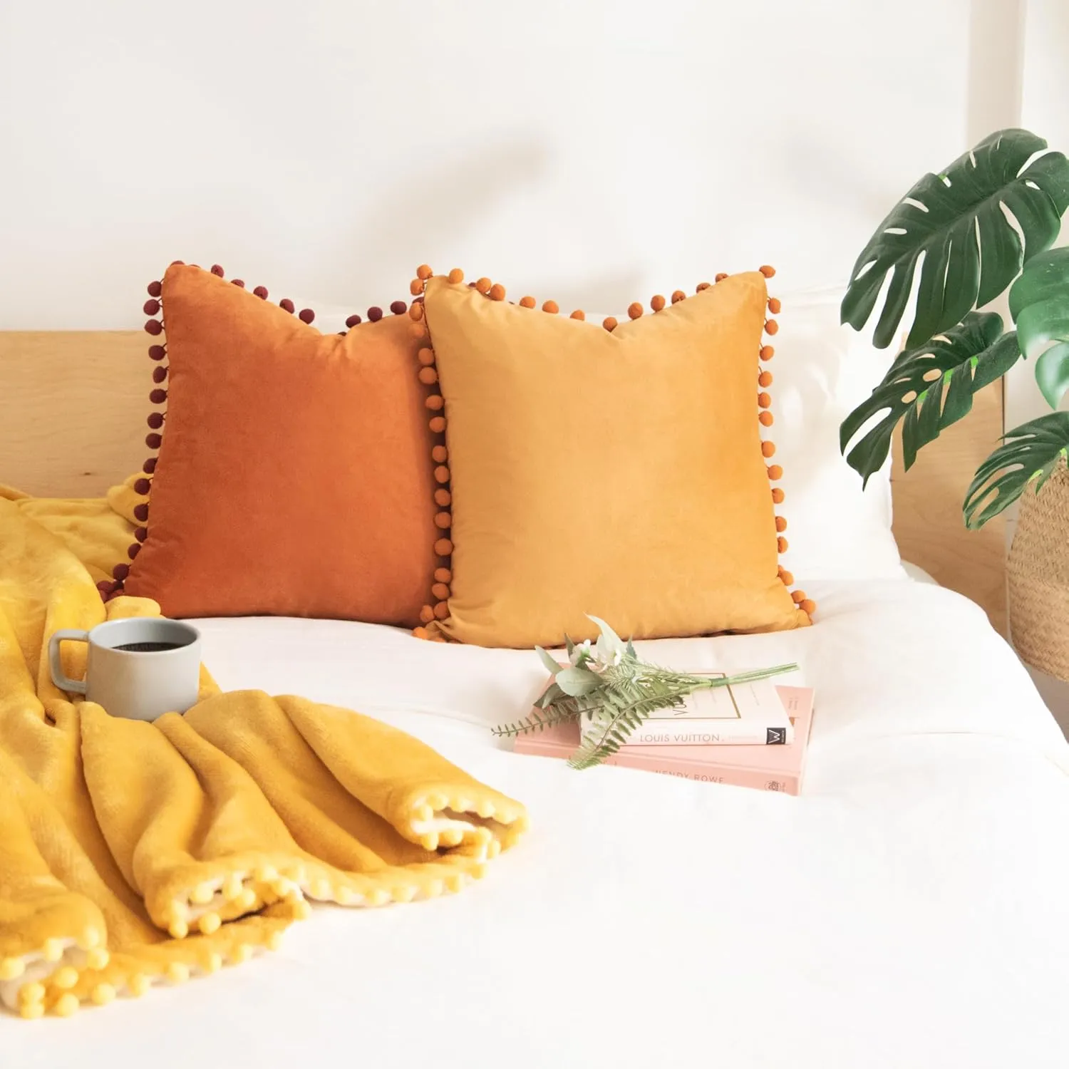 MONDAY MOOSE Decorative Throw Pillow Covers Cushion Cases, Set of 2 Soft Velvet Pom Poms Double-Sided Designs, Mix and Match for Home Decor, Pillow Inserts Not Included (18x18 inch, Yellow/Green)