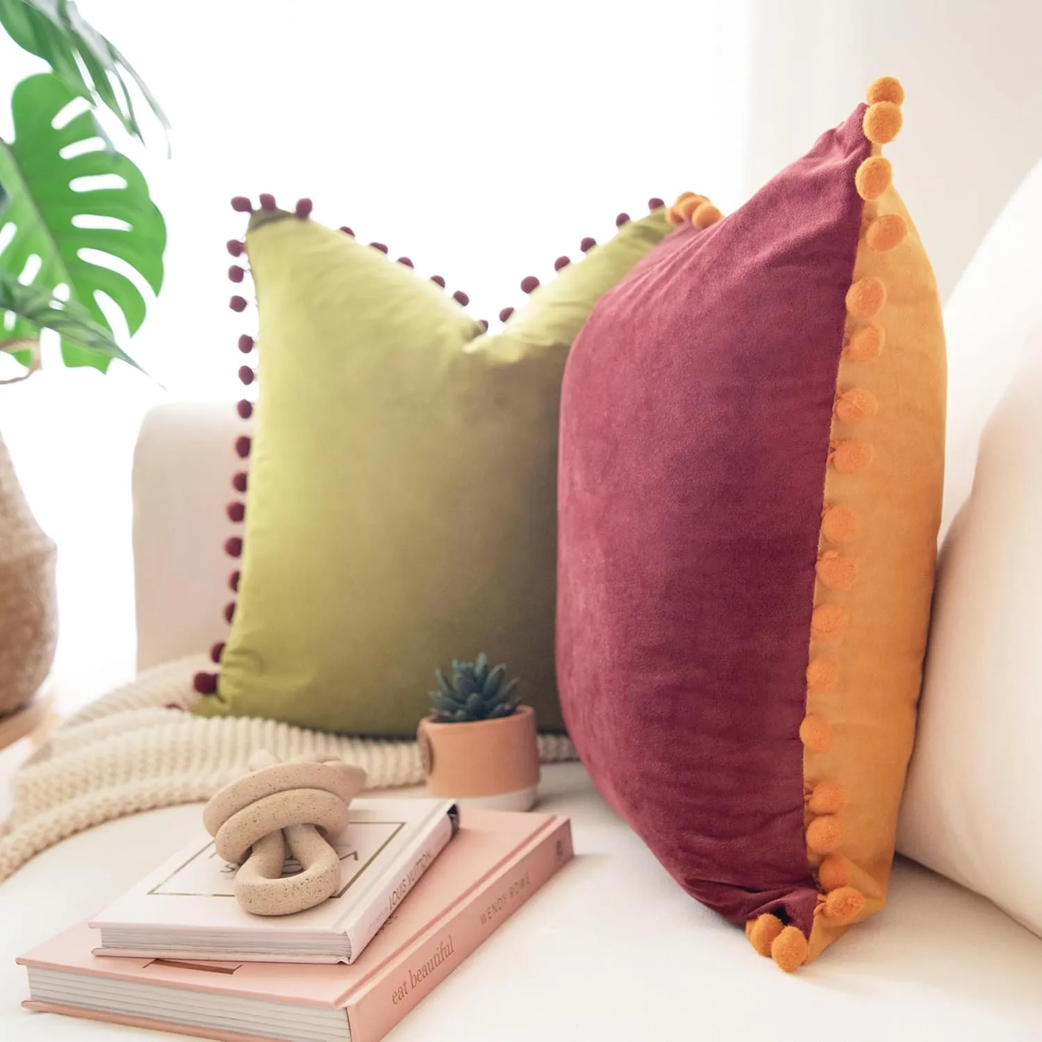 MONDAY MOOSE Decorative Throw Pillow Covers Cushion Cases, Set of 2 Soft Velvet Pom Poms Double-Sided Designs, Mix and Match for Home Decor, Pillow Inserts Not Included (18x18 inch, Yellow/Green)