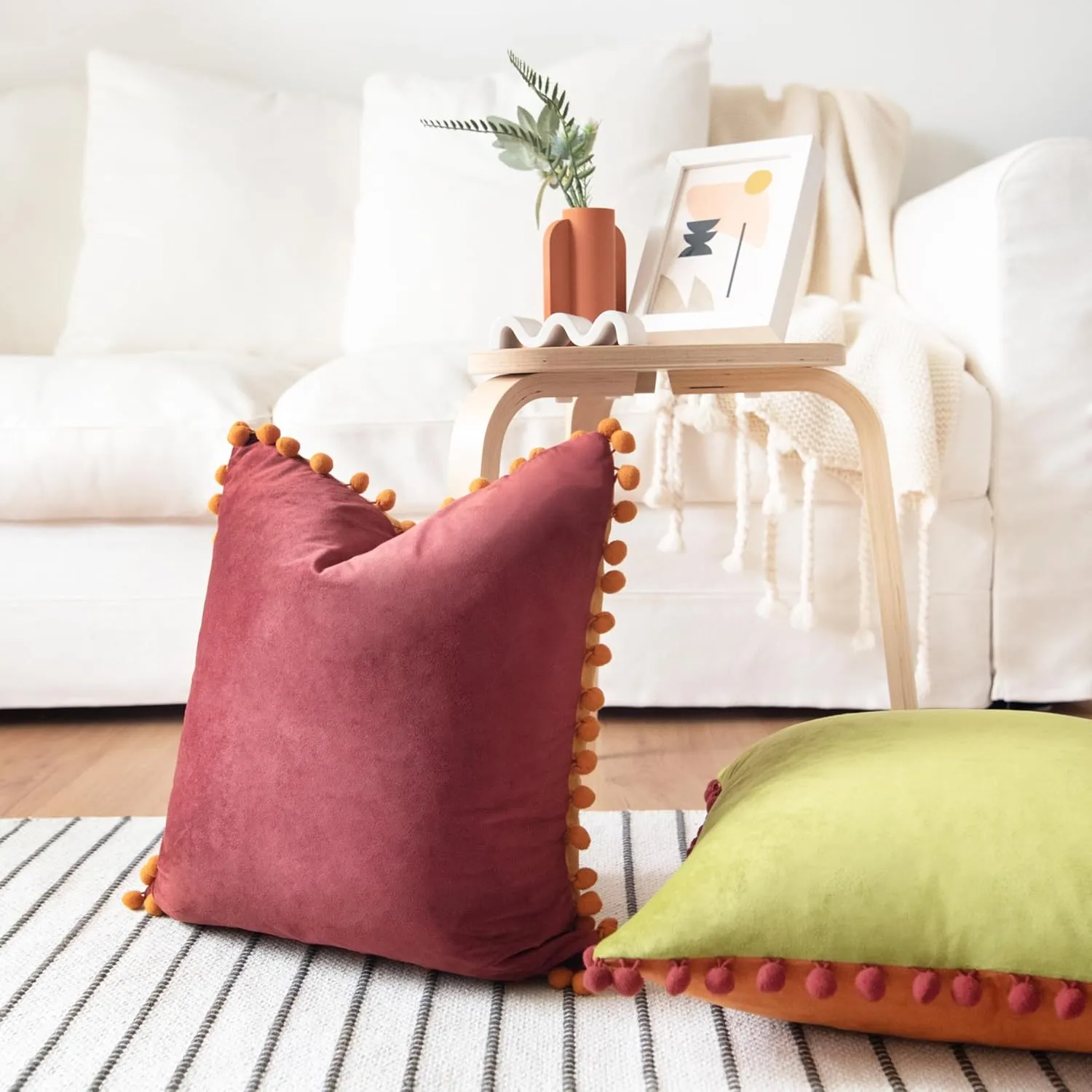 MONDAY MOOSE Decorative Throw Pillow Covers Cushion Cases, Set of 2 Soft Velvet Pom Poms Double-Sided Designs, Mix and Match for Home Decor, Pillow Inserts Not Included (18x18 inch, Yellow/Green)