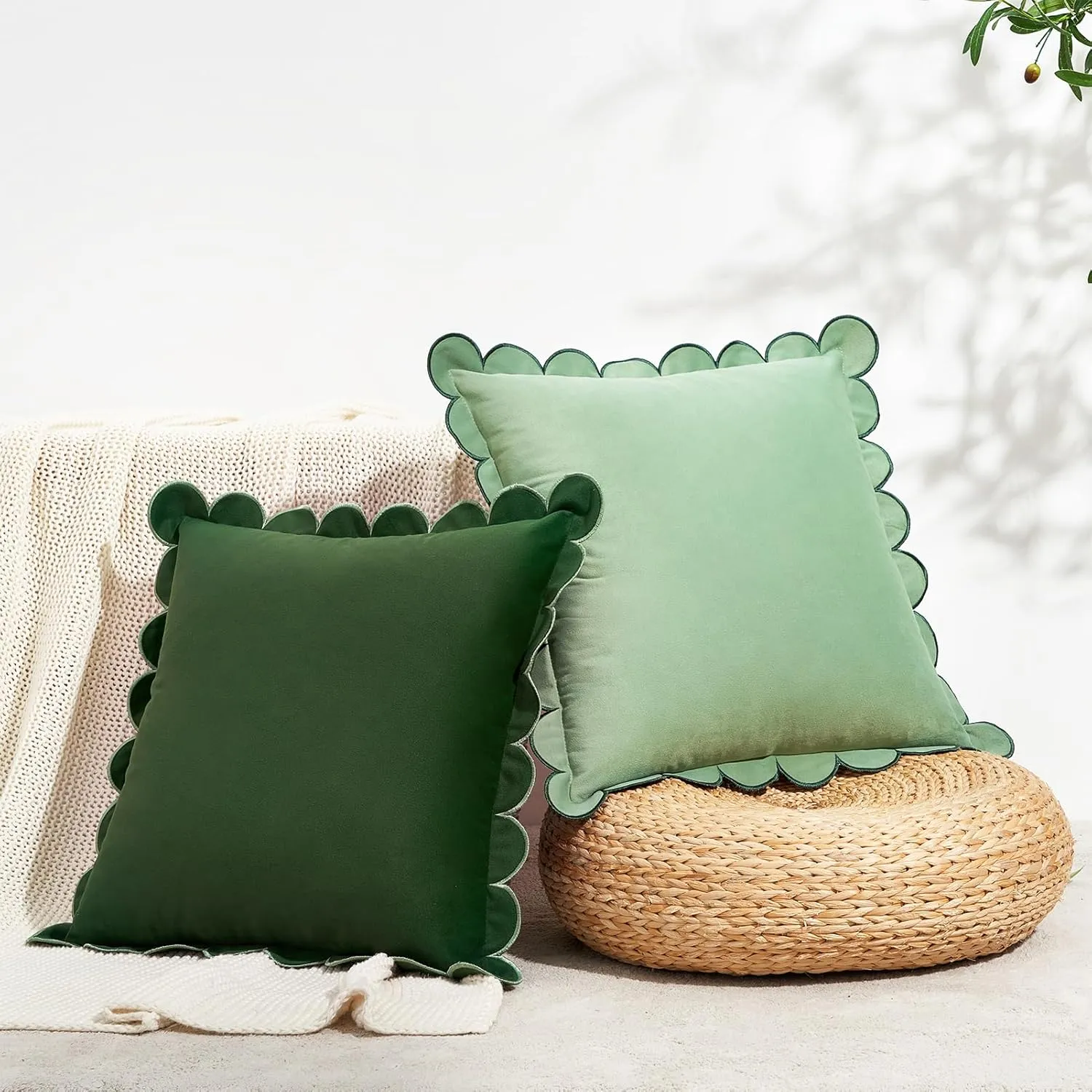 MONDAY MOOSE Decorative Throw Pillow Covers Cushion Cases, Set of 2 Soft Velvet Scalloped Round Edge Designs, Mix and Match for Home Decor, Pillow Inserts Not Included (Green/Light Green, 20x20 inch)