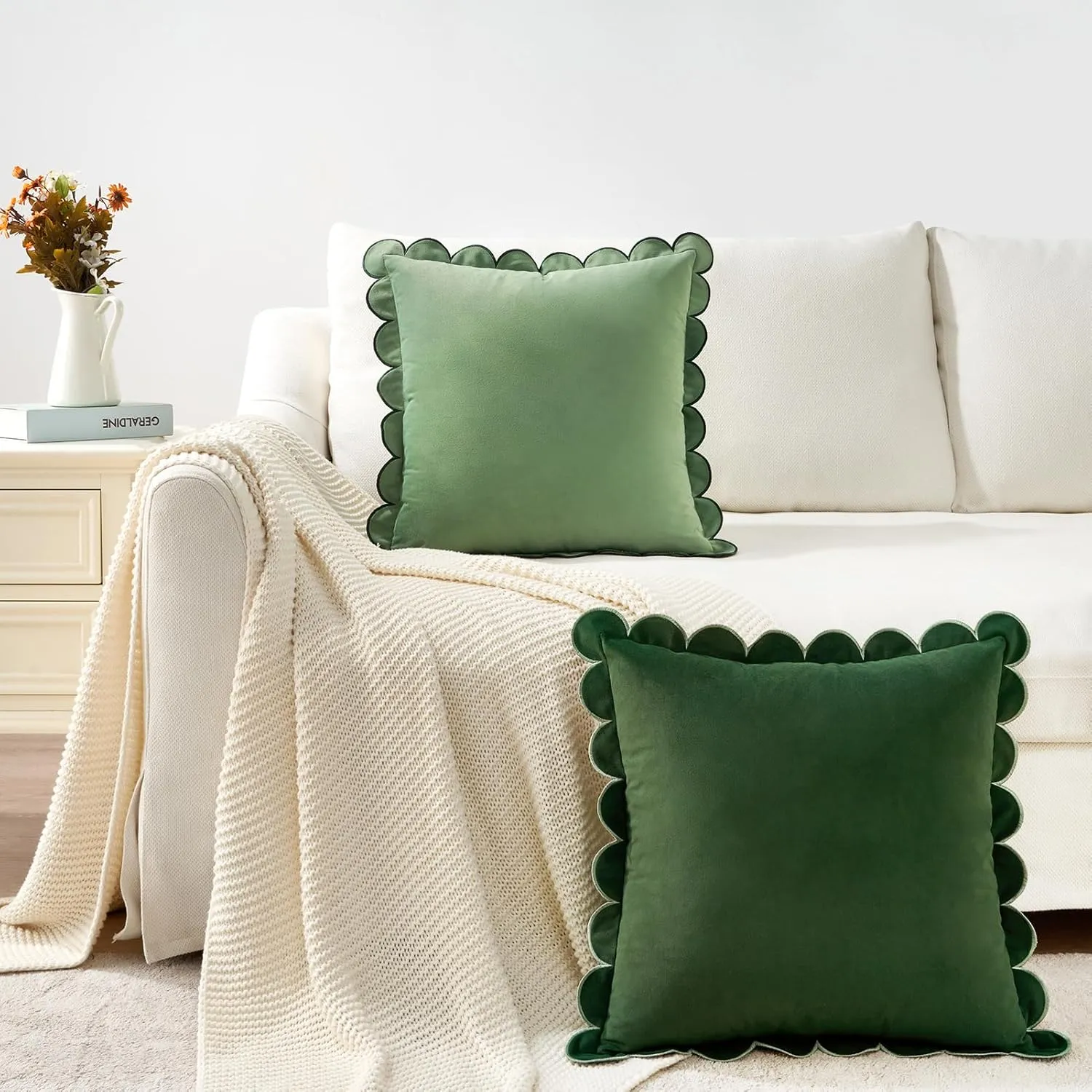 MONDAY MOOSE Decorative Throw Pillow Covers Cushion Cases, Set of 2 Soft Velvet Scalloped Round Edge Designs, Mix and Match for Home Decor, Pillow Inserts Not Included (Green/Light Green, 20x20 inch)