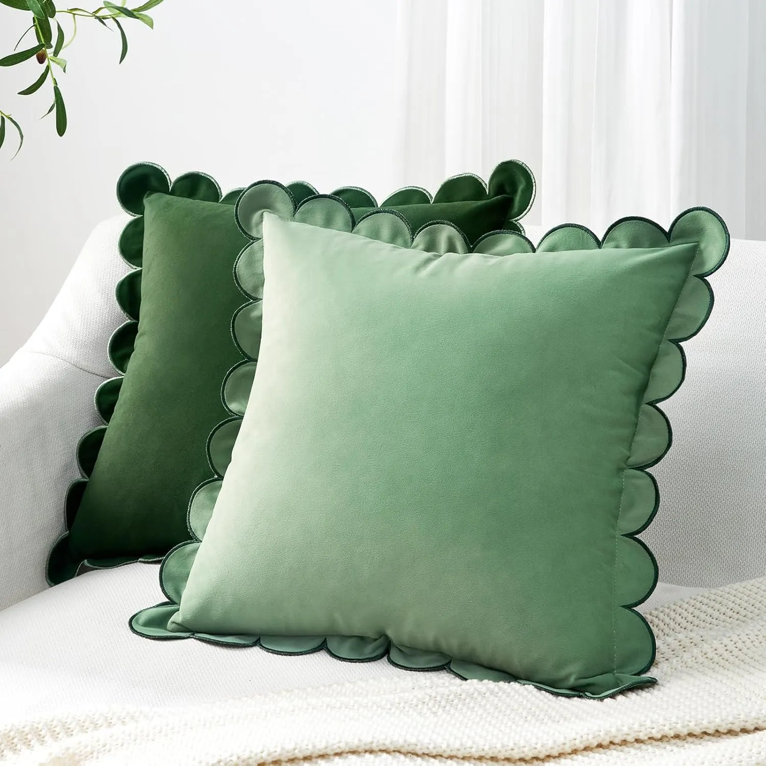 MONDAY MOOSE Decorative Throw Pillow Covers Cushion Cases, Set of 2 Soft Velvet Scalloped Round Edge Designs, Mix and Match for Home Decor, Pillow Inserts Not Included (Green/Light Green, 20x20 inch)