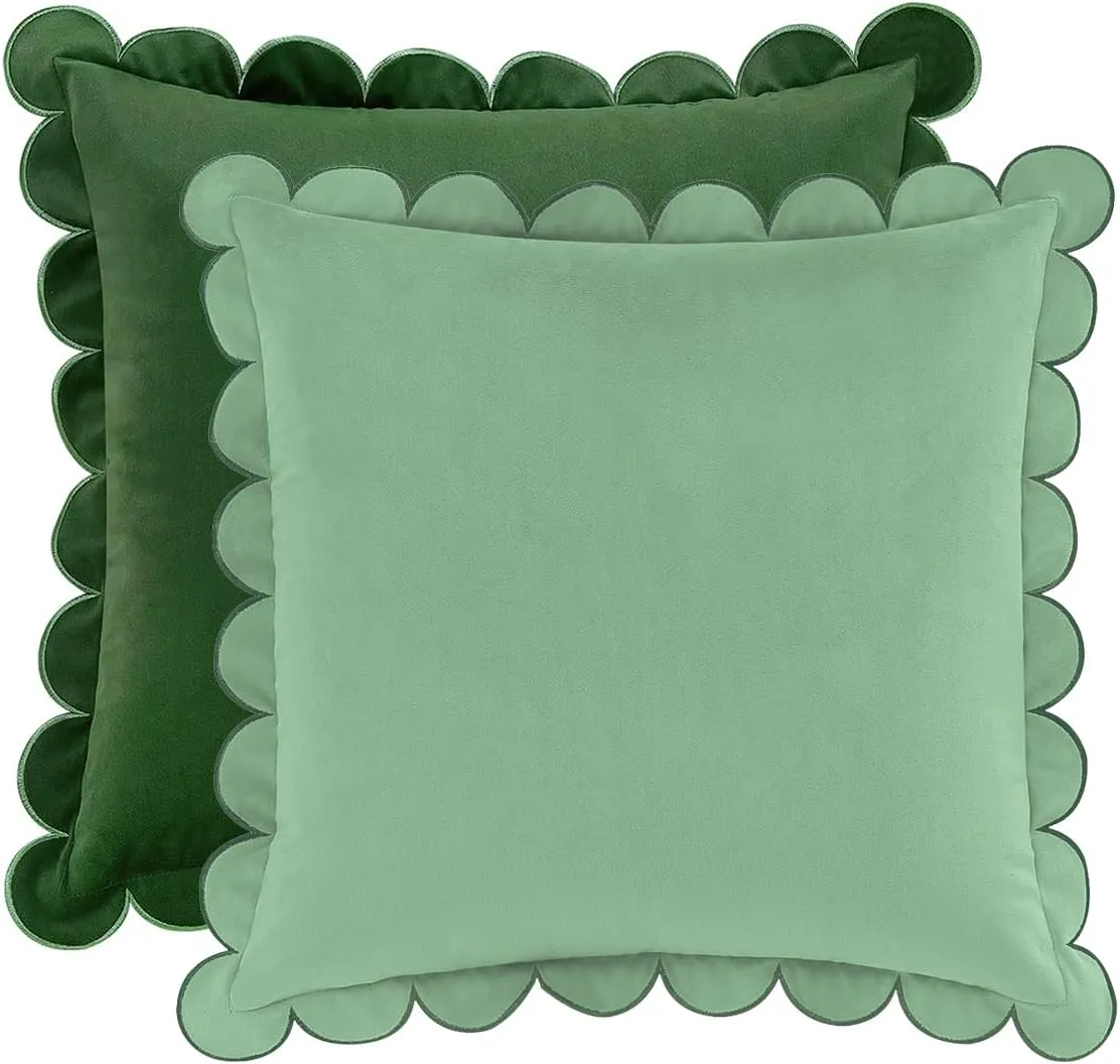 MONDAY MOOSE Decorative Throw Pillow Covers Cushion Cases, Set of 2 Soft Velvet Scalloped Round Edge Designs, Mix and Match for Home Decor, Pillow Inserts Not Included (Green/Light Green, 20x20 inch)
