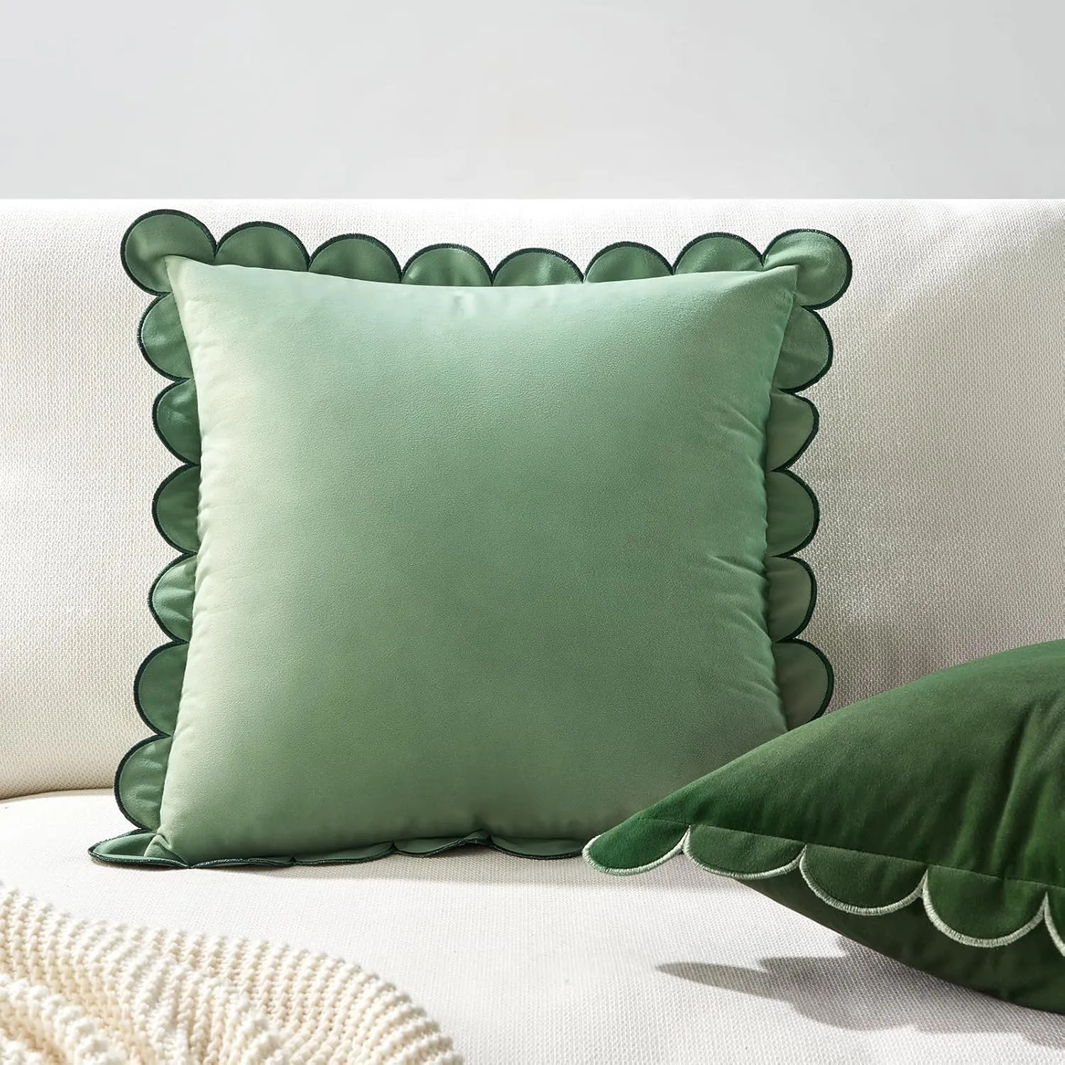 MONDAY MOOSE Decorative Throw Pillow Covers Cushion Cases, Set of 2 Soft Velvet Scalloped Round Edge Designs, Mix and Match for Home Decor, Pillow Inserts Not Included (Green/Light Green, 20x20 inch)