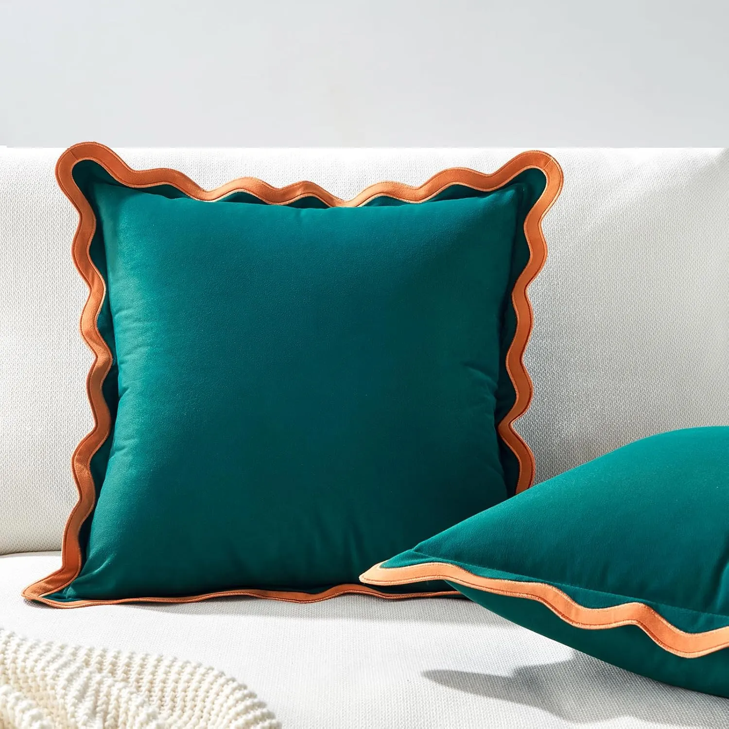 MONDAY MOOSE Decorative Throw Pillow Covers Cushion Cases, Set of 2 Soft Velvet Scalloped Wavy Edge Designs, Mix and Match for Home Decor, Pillow Inserts Not Included (Coral/Dark Teal, 20x20 inch)