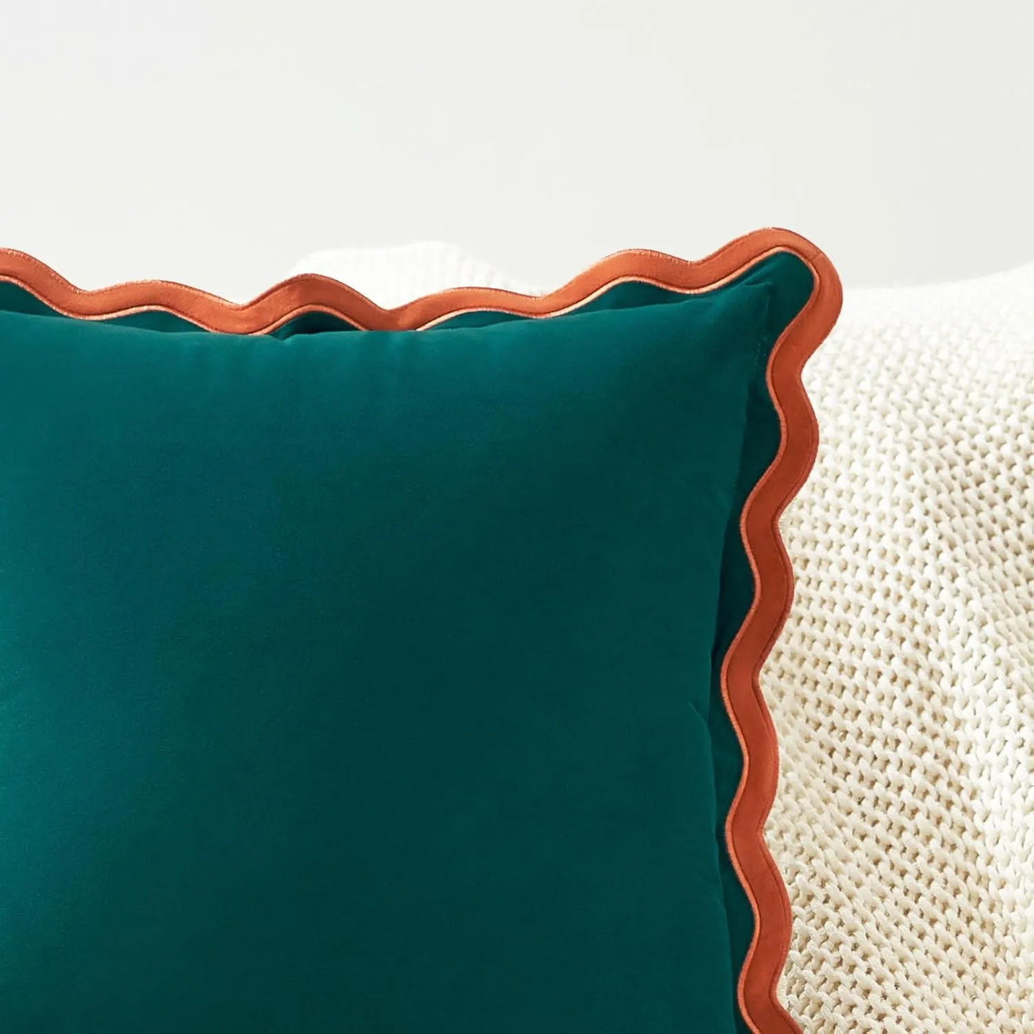 MONDAY MOOSE Decorative Throw Pillow Covers Cushion Cases, Set of 2 Soft Velvet Scalloped Wavy Edge Designs, Mix and Match for Home Decor, Pillow Inserts Not Included (Coral/Dark Teal, 20x20 inch)