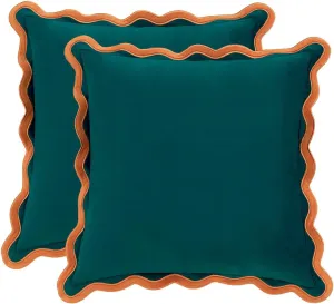 MONDAY MOOSE Decorative Throw Pillow Covers Cushion Cases, Set of 2 Soft Velvet Scalloped Wavy Edge Designs, Mix and Match for Home Decor, Pillow Inserts Not Included (Coral/Dark Teal, 20x20 inch)