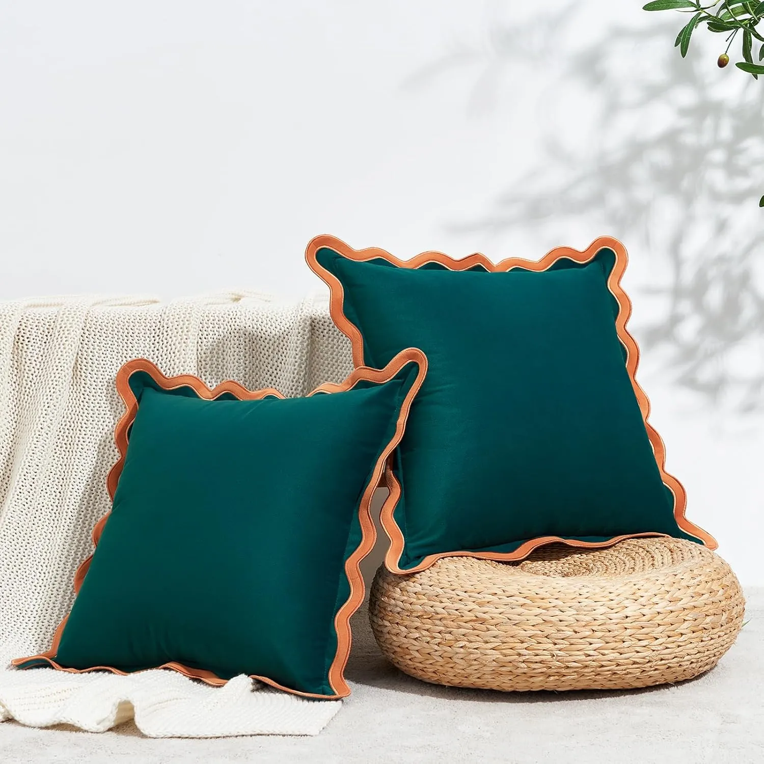 MONDAY MOOSE Decorative Throw Pillow Covers Cushion Cases, Set of 2 Soft Velvet Scalloped Wavy Edge Designs, Mix and Match for Home Decor, Pillow Inserts Not Included (Coral/Dark Teal, 20x20 inch)