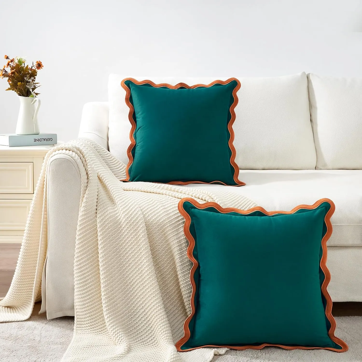 MONDAY MOOSE Decorative Throw Pillow Covers Cushion Cases, Set of 2 Soft Velvet Scalloped Wavy Edge Designs, Mix and Match for Home Decor, Pillow Inserts Not Included (Coral/Dark Teal, 20x20 inch)