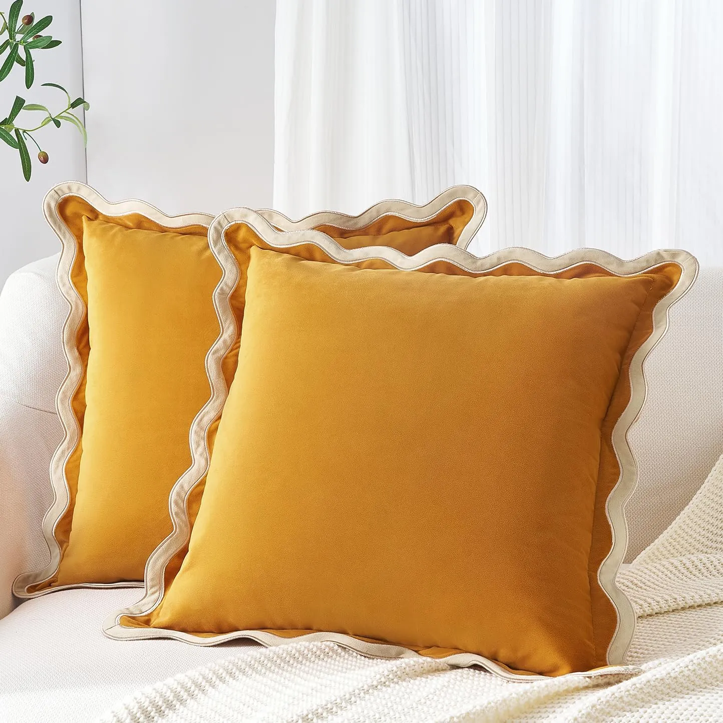 MONDAY MOOSE Decorative Throw Pillow Covers Cushion Cases, Set of 2 Soft Velvet Scalloped Wavy Edge Designs, Mix and Match for Home Decor, Pillow Inserts Not Included (Cream/Honey, 20x20 inch)