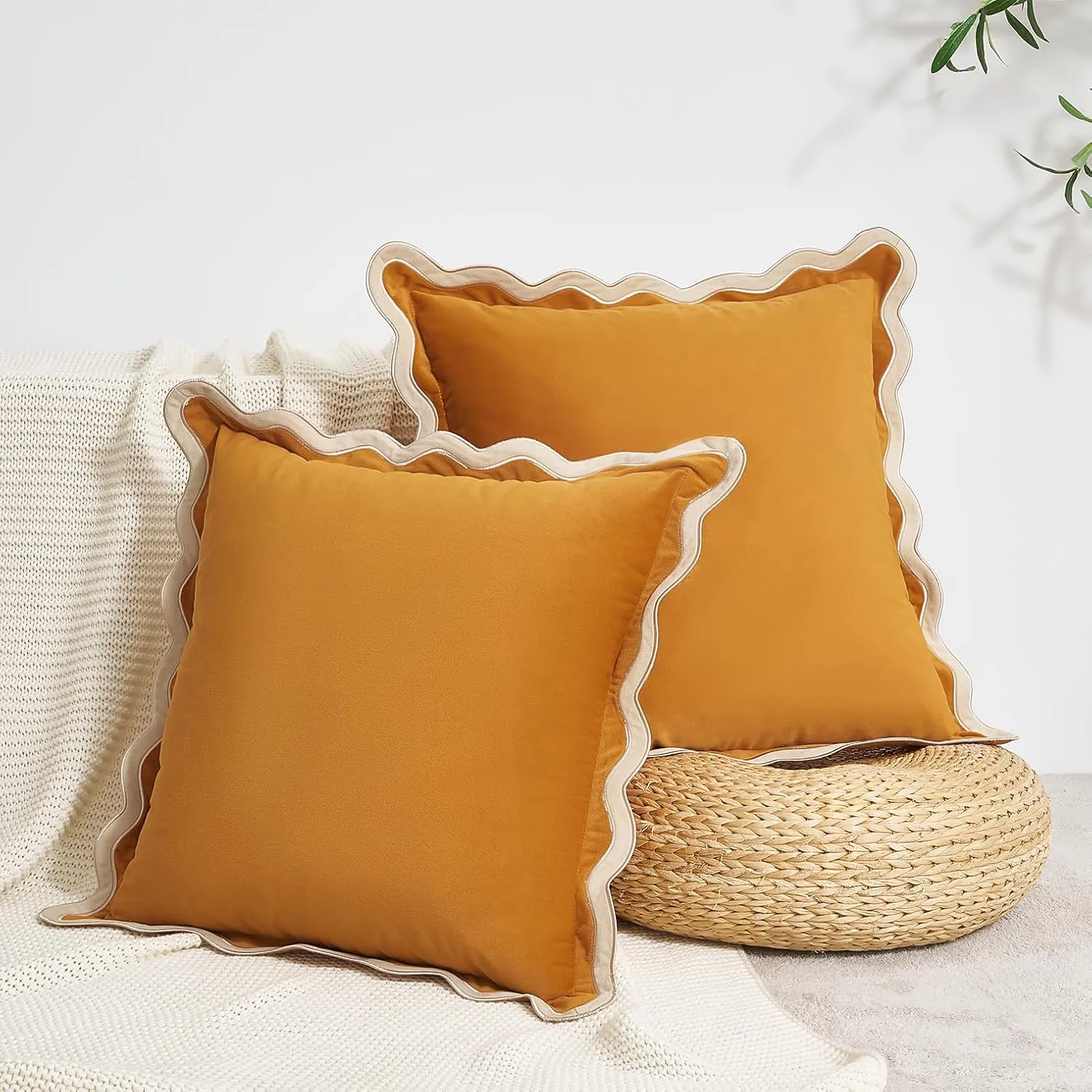 MONDAY MOOSE Decorative Throw Pillow Covers Cushion Cases, Set of 2 Soft Velvet Scalloped Wavy Edge Designs, Mix and Match for Home Decor, Pillow Inserts Not Included (Cream/Honey, 20x20 inch)