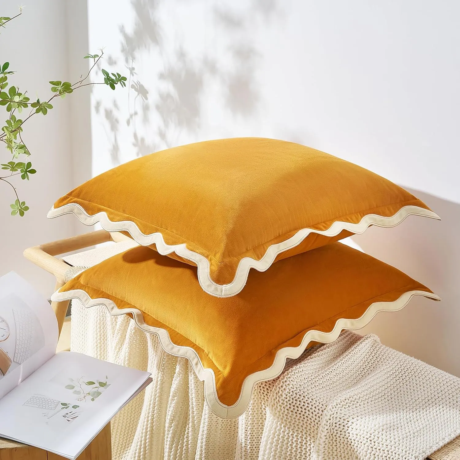 MONDAY MOOSE Decorative Throw Pillow Covers Cushion Cases, Set of 2 Soft Velvet Scalloped Wavy Edge Designs, Mix and Match for Home Decor, Pillow Inserts Not Included (Cream/Honey, 20x20 inch)