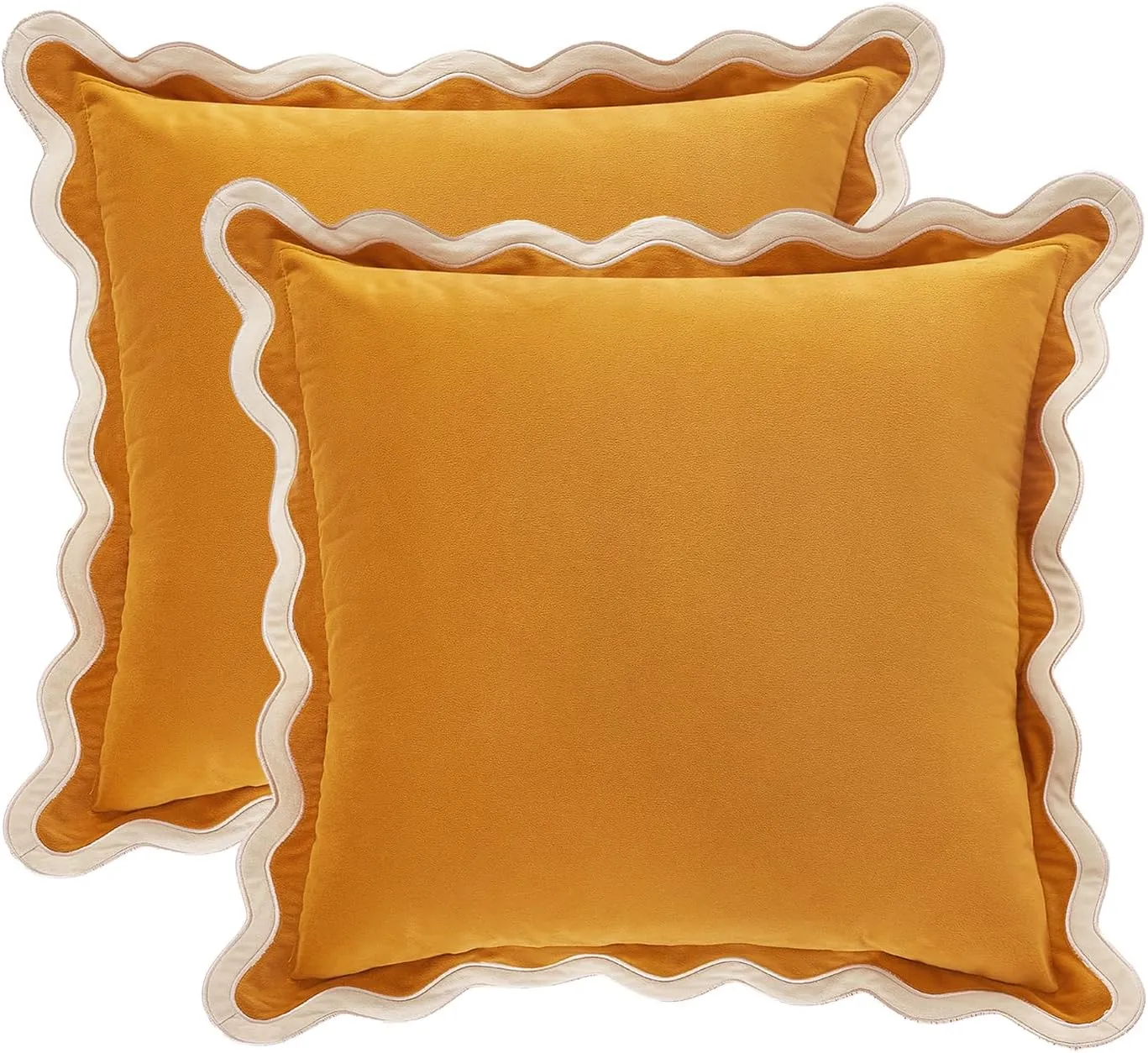MONDAY MOOSE Decorative Throw Pillow Covers Cushion Cases, Set of 2 Soft Velvet Scalloped Wavy Edge Designs, Mix and Match for Home Decor, Pillow Inserts Not Included (Cream/Honey, 20x20 inch)