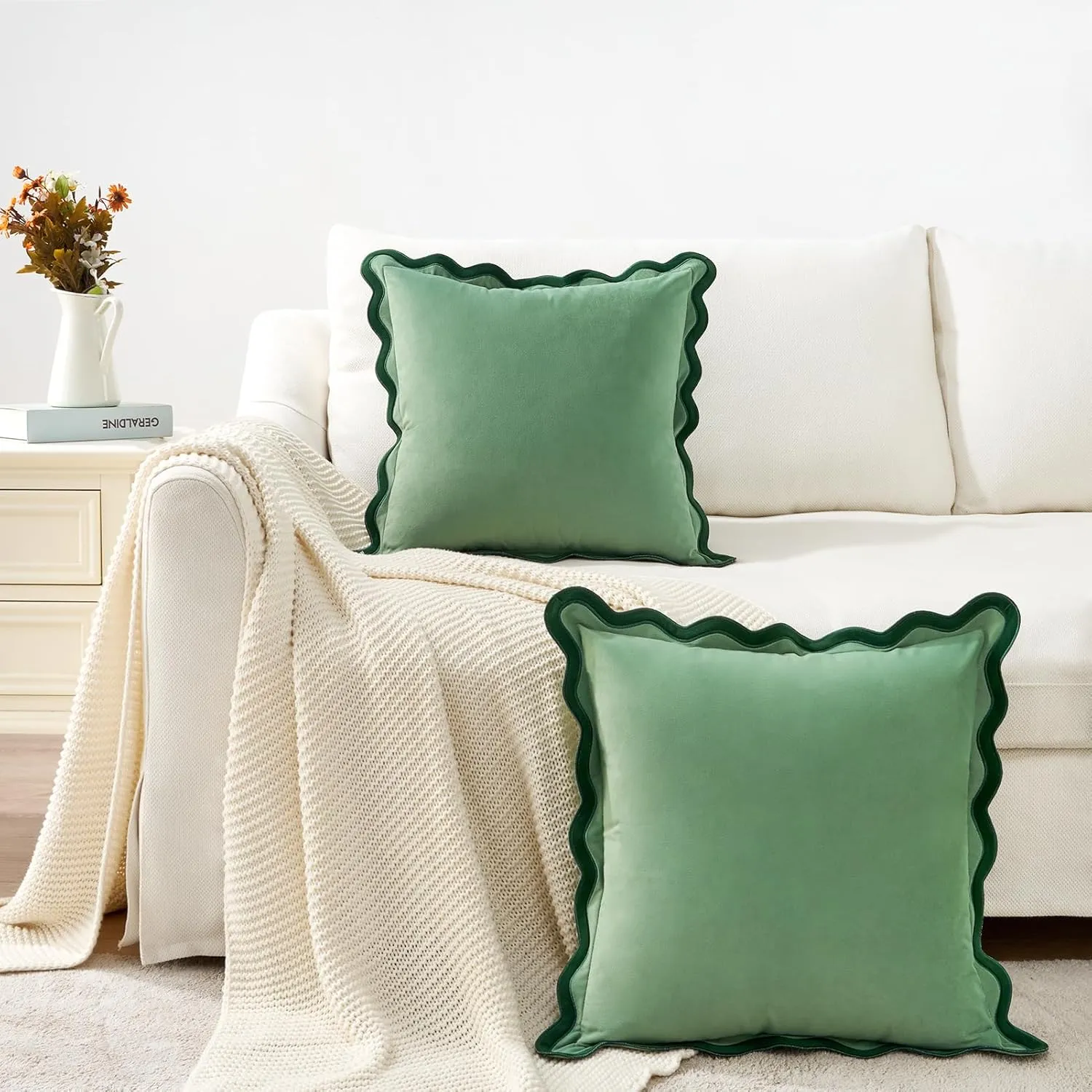 MONDAY MOOSE Decorative Throw Pillow Covers Cushion Cases, Set of 2 Soft Velvet Scalloped Wavy Edge Designs, Mix and Match for Home Decor, Pillow Inserts Not Included (Green/Light Green, 20x20 inch)