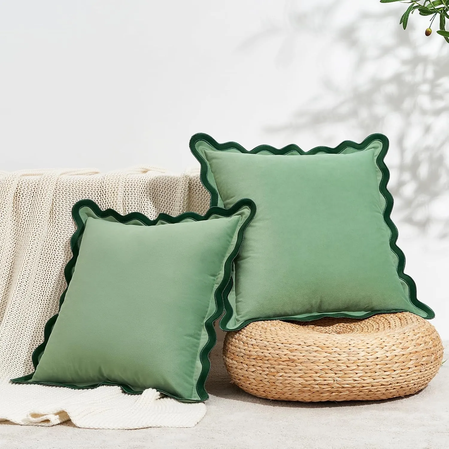 MONDAY MOOSE Decorative Throw Pillow Covers Cushion Cases, Set of 2 Soft Velvet Scalloped Wavy Edge Designs, Mix and Match for Home Decor, Pillow Inserts Not Included (Green/Light Green, 20x20 inch)