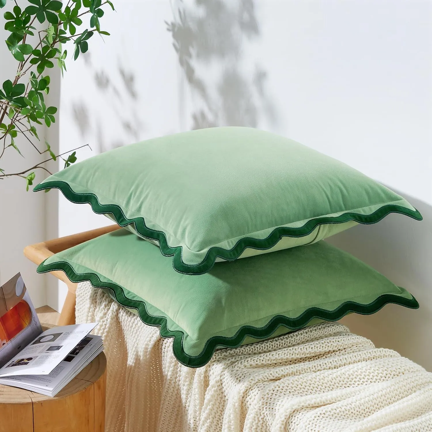 MONDAY MOOSE Decorative Throw Pillow Covers Cushion Cases, Set of 2 Soft Velvet Scalloped Wavy Edge Designs, Mix and Match for Home Decor, Pillow Inserts Not Included (Green/Light Green, 20x20 inch)