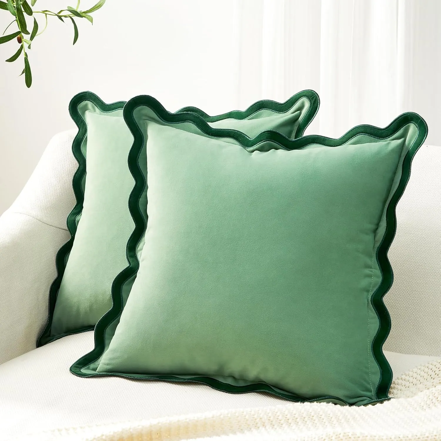 MONDAY MOOSE Decorative Throw Pillow Covers Cushion Cases, Set of 2 Soft Velvet Scalloped Wavy Edge Designs, Mix and Match for Home Decor, Pillow Inserts Not Included (Green/Light Green, 20x20 inch)