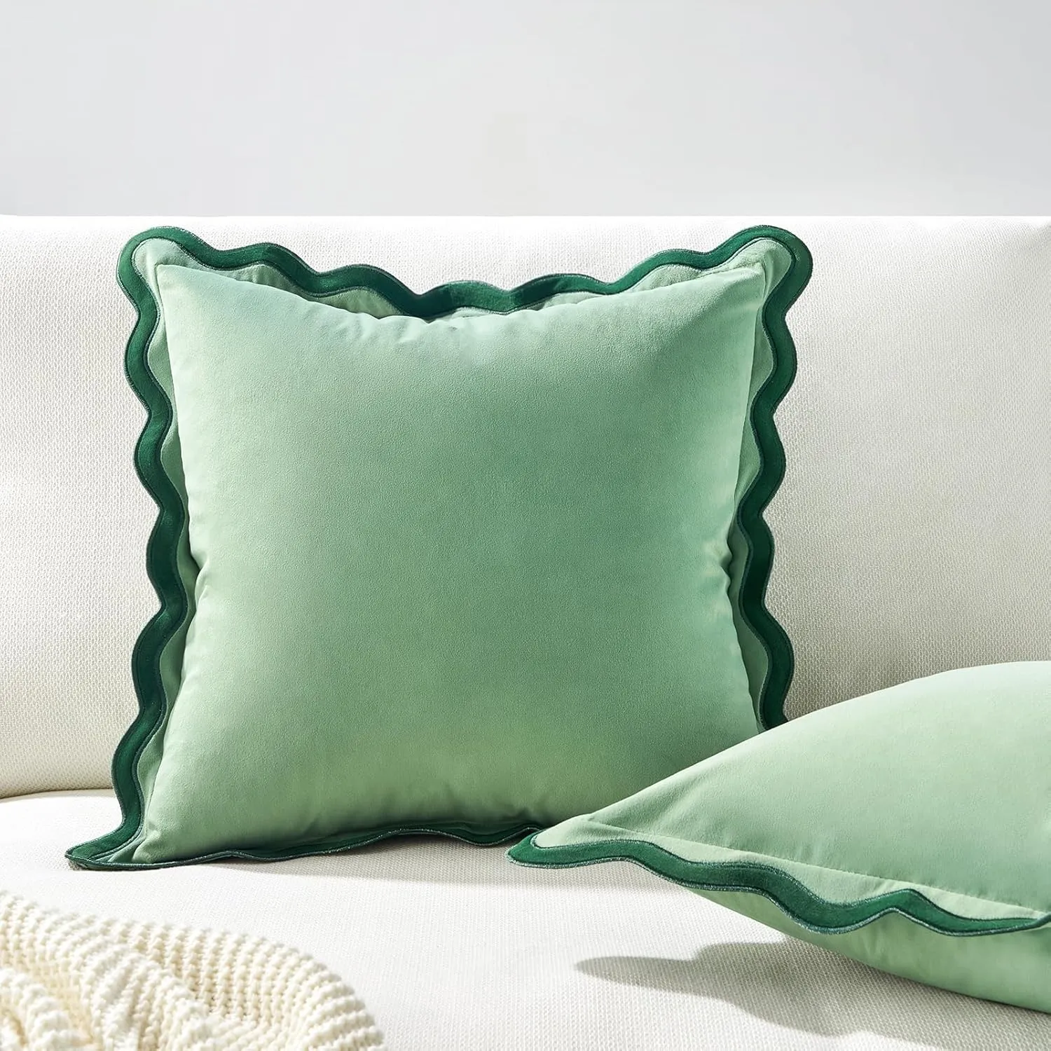 MONDAY MOOSE Decorative Throw Pillow Covers Cushion Cases, Set of 2 Soft Velvet Scalloped Wavy Edge Designs, Mix and Match for Home Decor, Pillow Inserts Not Included (Green/Light Green, 20x20 inch)