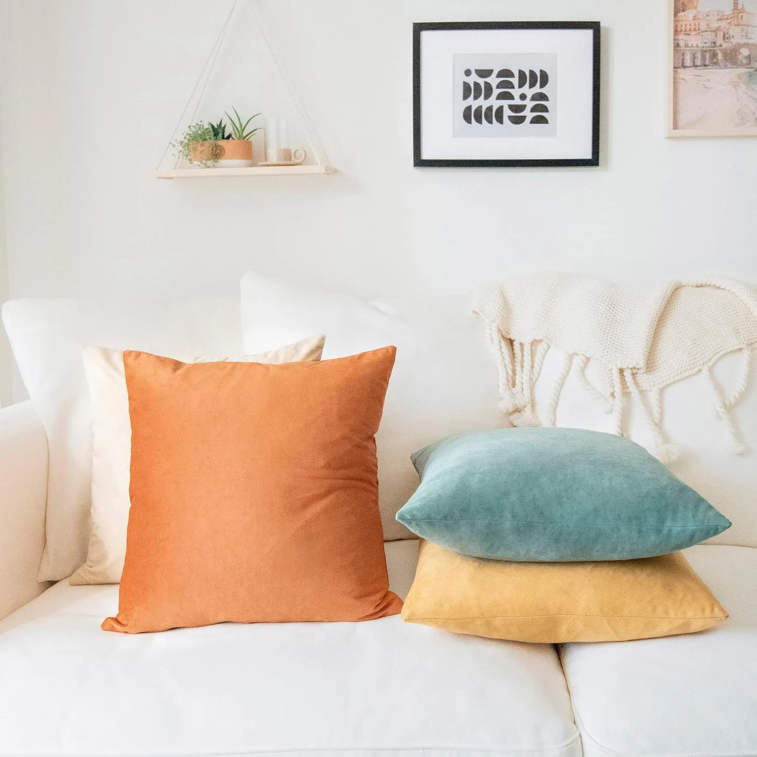 MONDAY MOOSE Decorative Throw Pillow Covers Cushion Cases, Set of 4 Soft Velvet Modern Designs, Mix and Match for Home Decor, Pillow Inserts Not Included (16x16 inch, Orange/Teal)