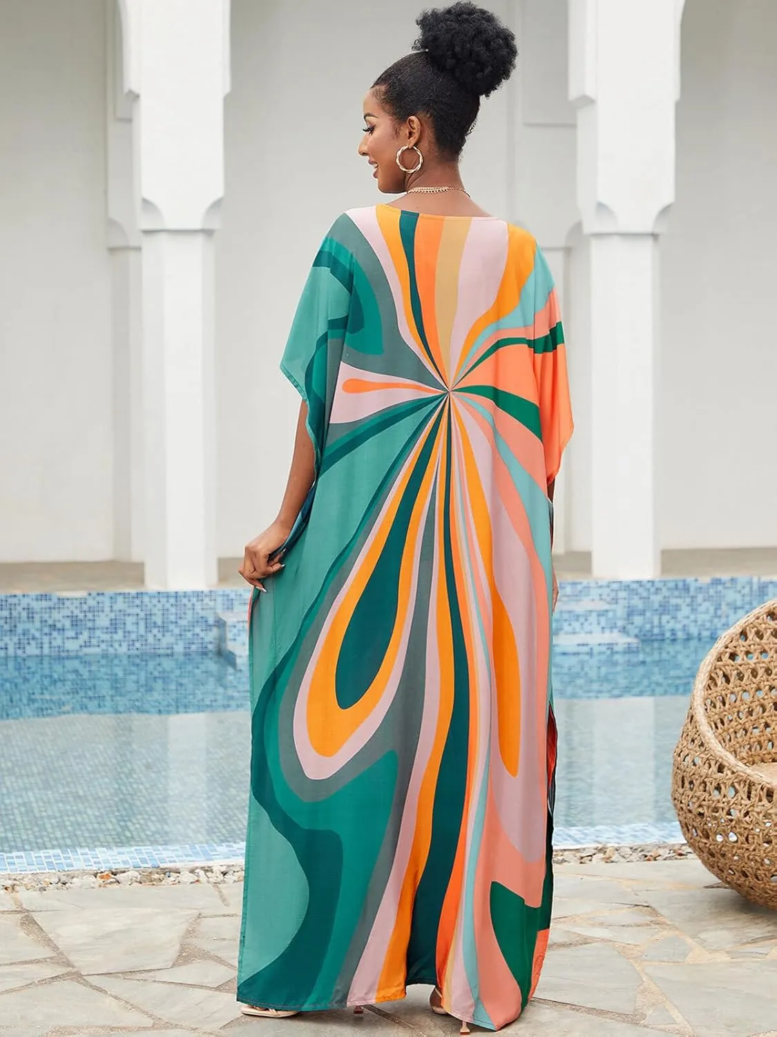Moroccan Print V-Neck Batwing Kaftan Women's Plus Size Loose Fit Beach Dress Bathing Suit Cover Up Loungewear
