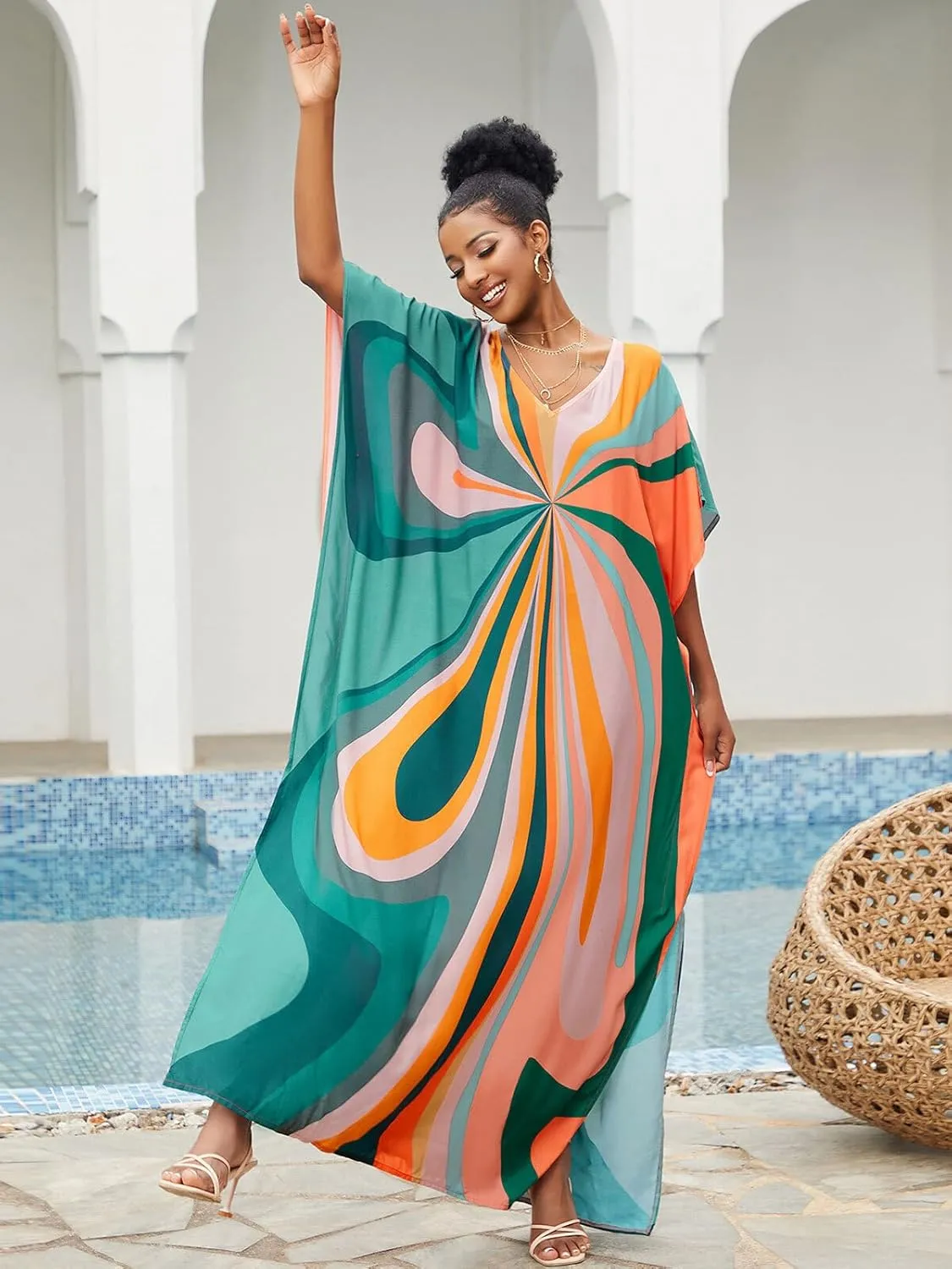 Moroccan Print V-Neck Batwing Kaftan Women's Plus Size Loose Fit Beach Dress Bathing Suit Cover Up Loungewear