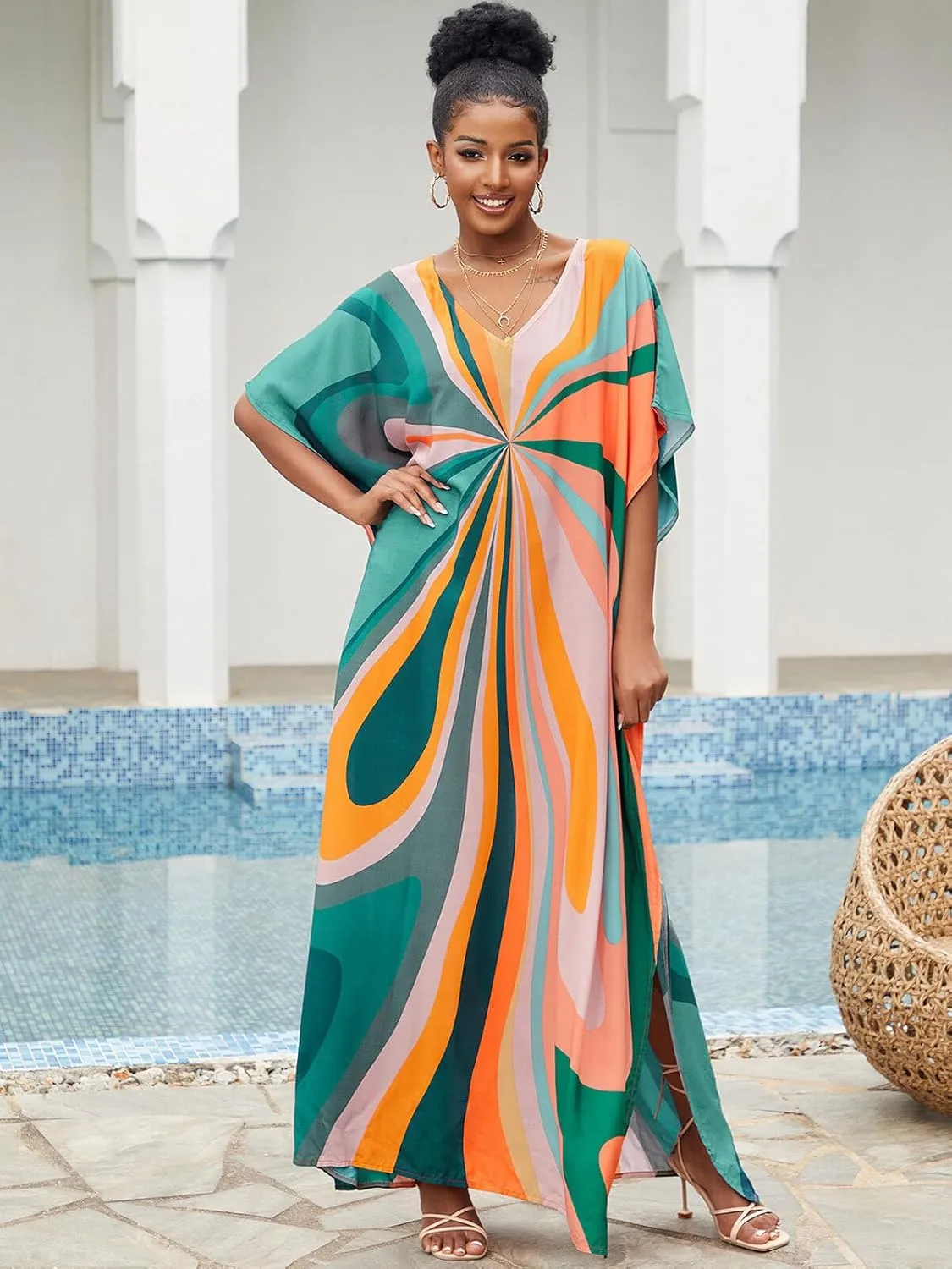 Moroccan Print V-Neck Batwing Kaftan Women's Plus Size Loose Fit Beach Dress Bathing Suit Cover Up Loungewear