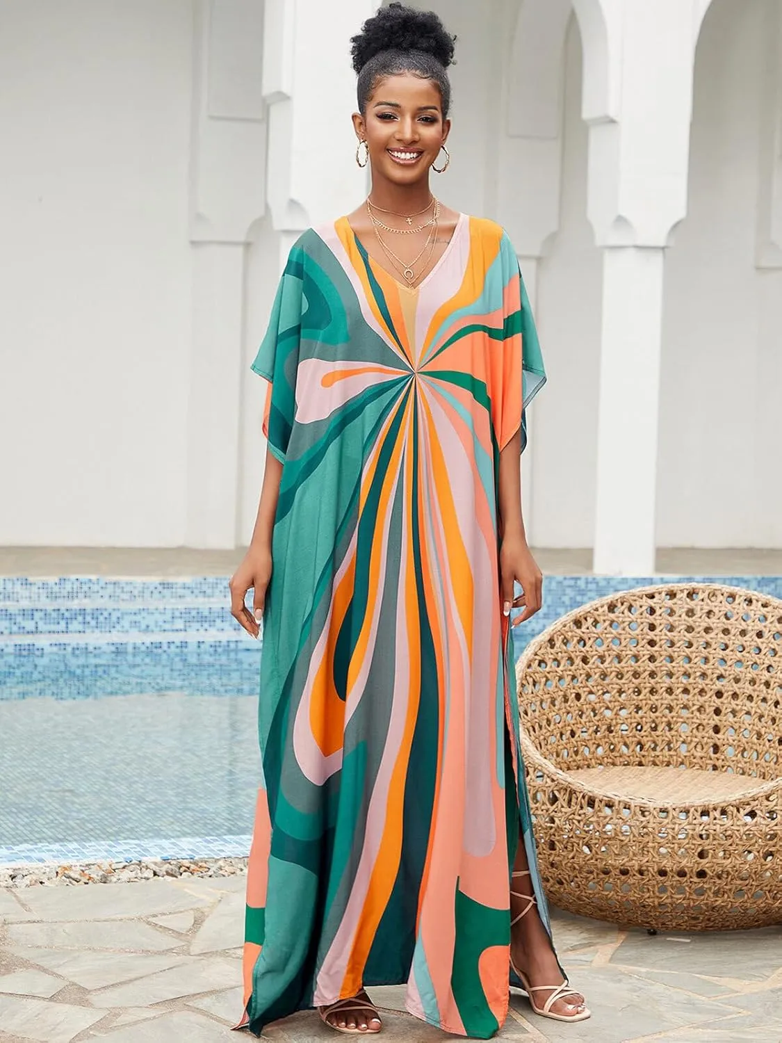 Moroccan Print V-Neck Batwing Kaftan Women's Plus Size Loose Fit Beach Dress Bathing Suit Cover Up Loungewear