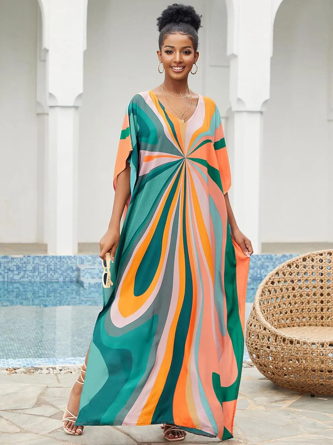 Moroccan Print V-Neck Batwing Kaftan Women's Plus Size Loose Fit Beach Dress Bathing Suit Cover Up Loungewear