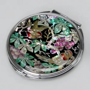 Mother of Pearl Green Leaf Grape Design Compact Makeup Round Mirror