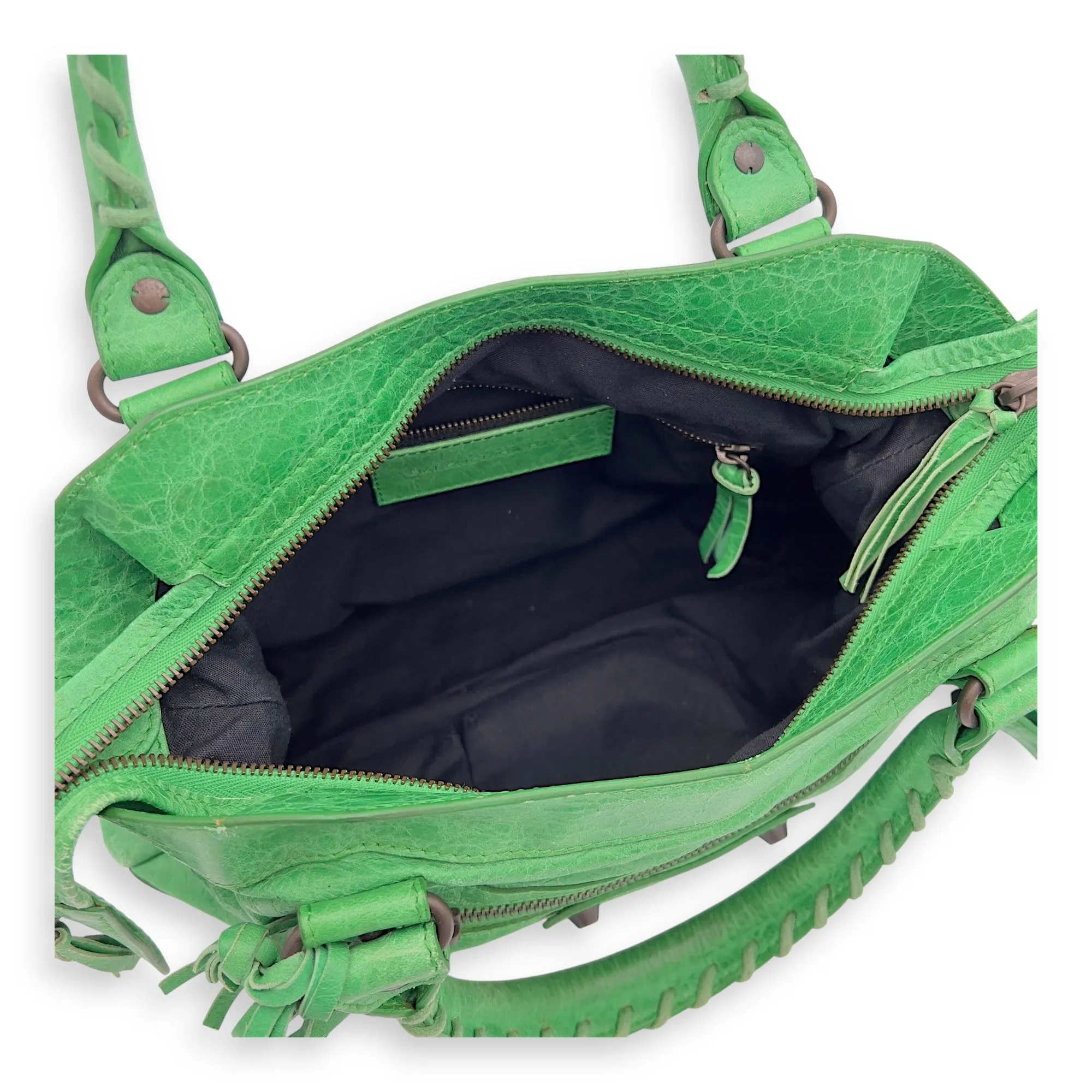 Motorcycle Town Green Top Handle Bag in Distressed Leather, Gunmetal hardware
