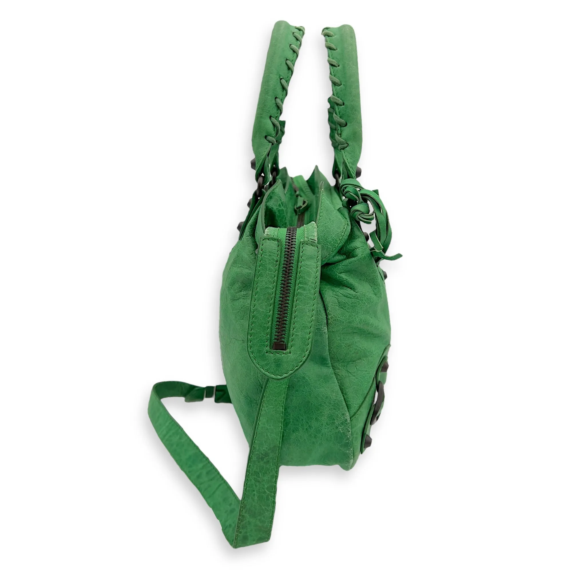 Motorcycle Town Green Top Handle Bag in Distressed Leather, Gunmetal hardware