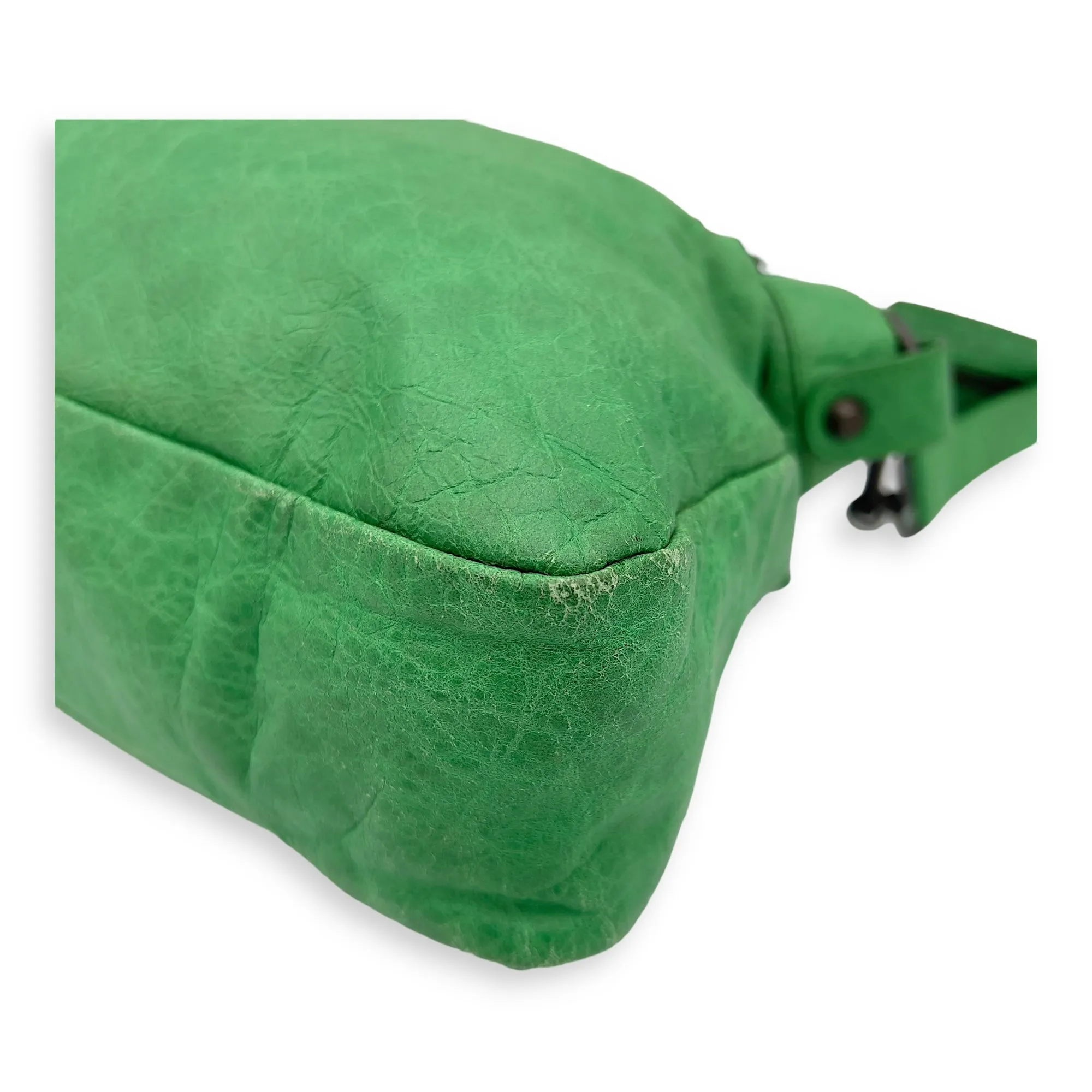 Motorcycle Town Green Top Handle Bag in Distressed Leather, Gunmetal hardware