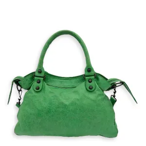 Motorcycle Town Green Top Handle Bag in Distressed Leather, Gunmetal hardware