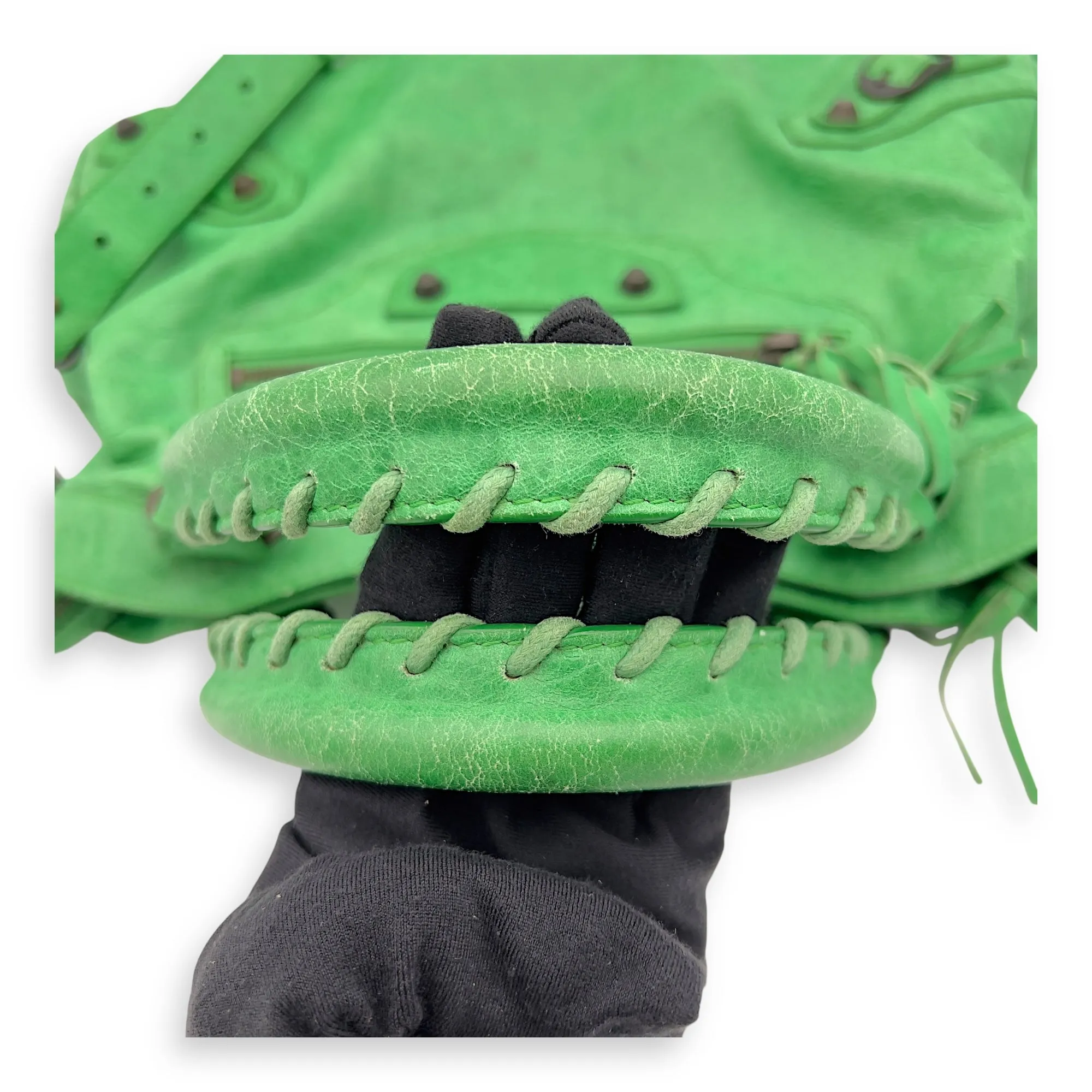 Motorcycle Town Green Top Handle Bag in Distressed Leather, Gunmetal hardware