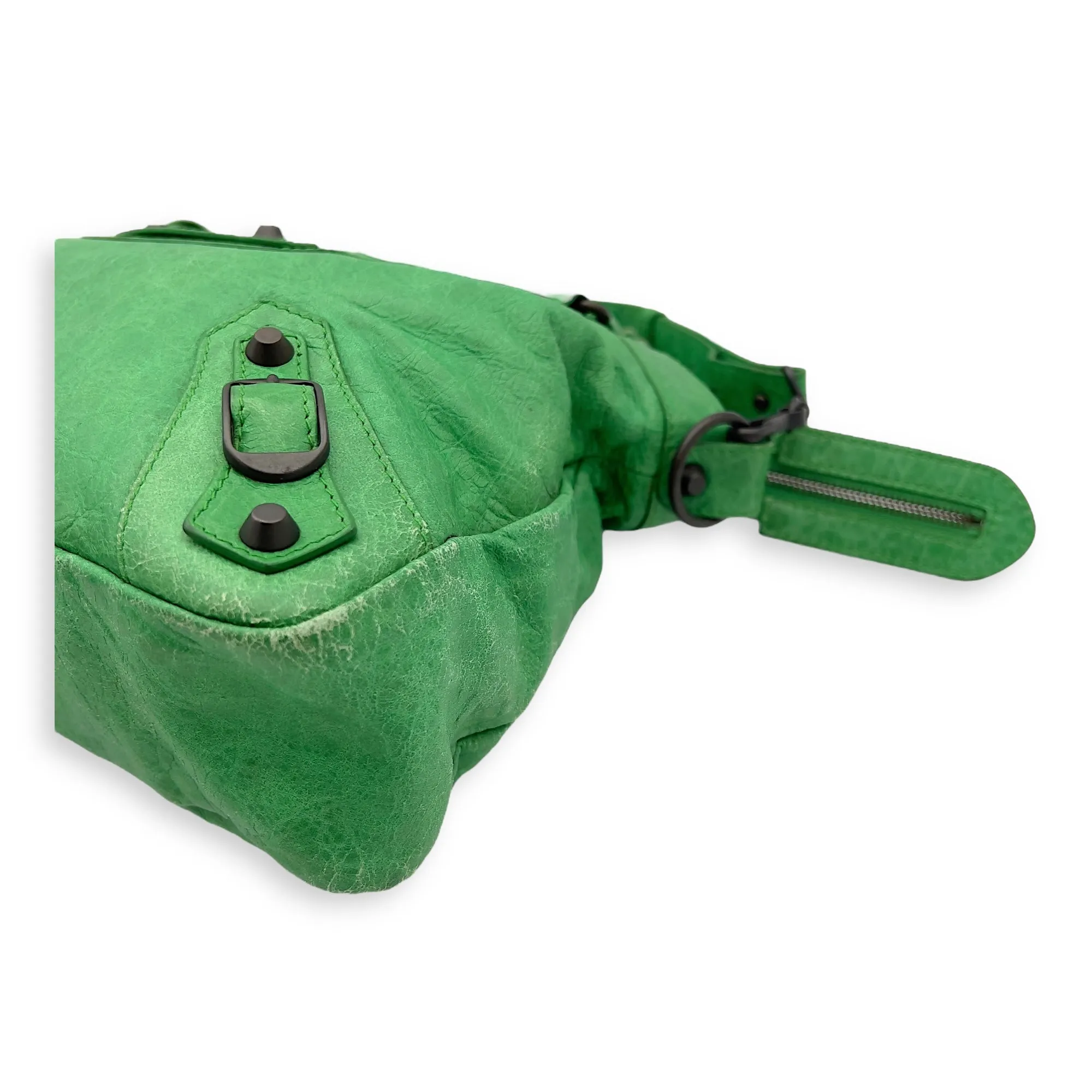 Motorcycle Town Green Top Handle Bag in Distressed Leather, Gunmetal hardware