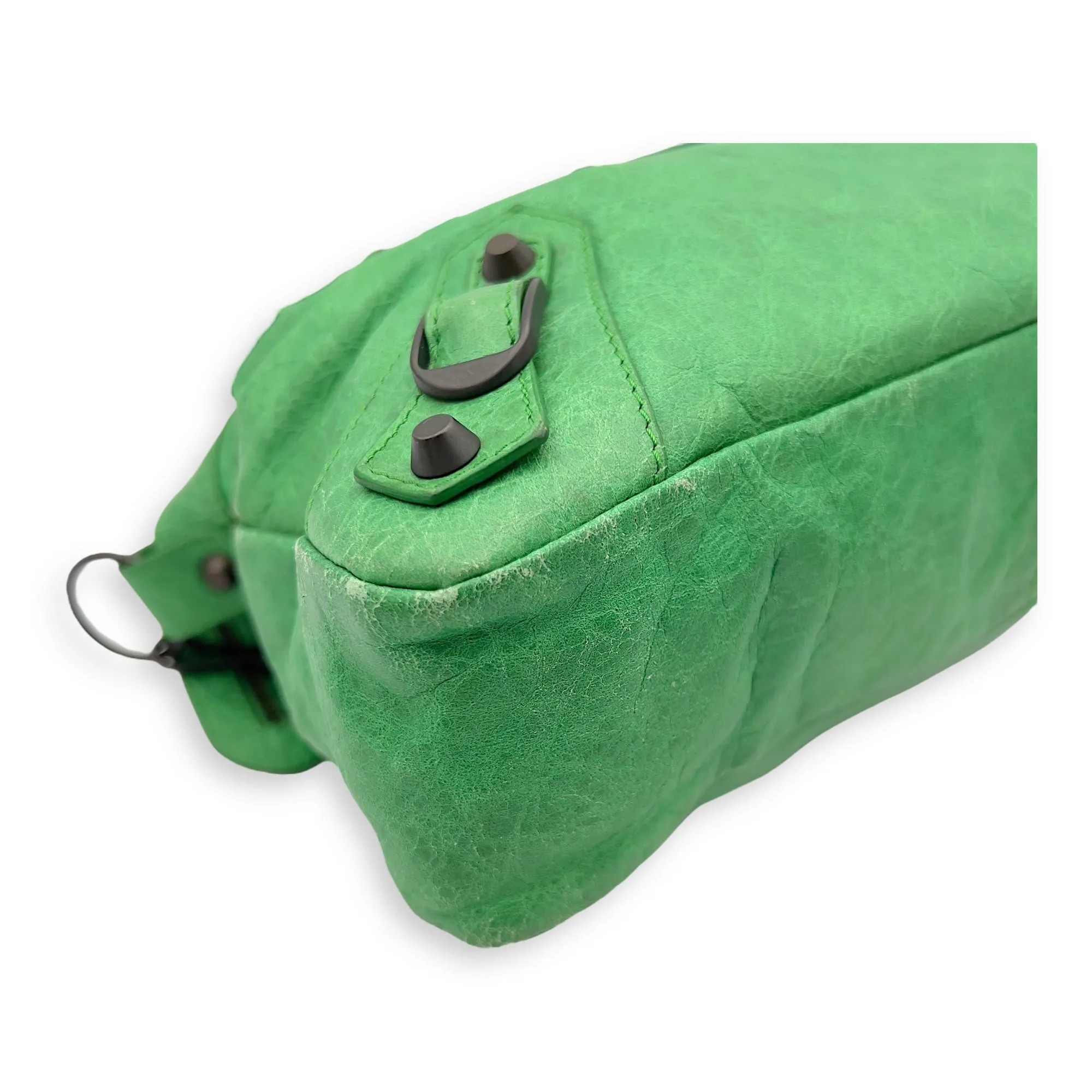 Motorcycle Town Green Top Handle Bag in Distressed Leather, Gunmetal hardware