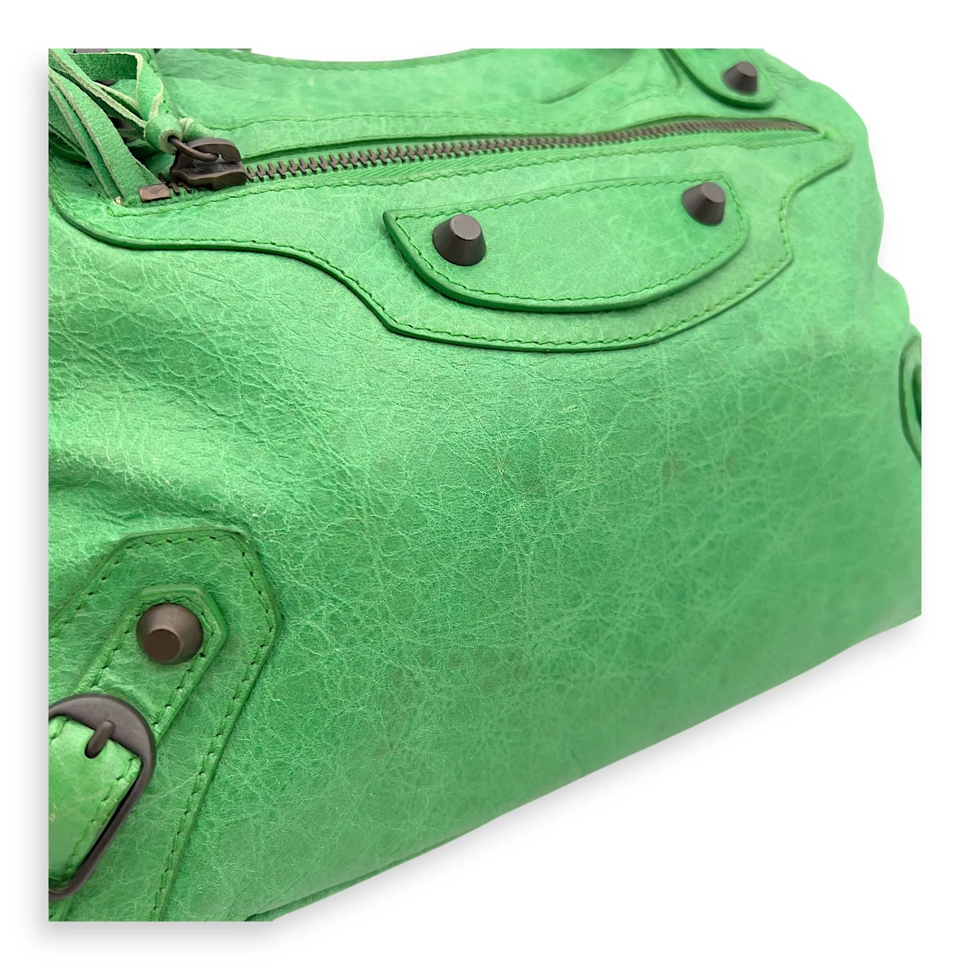 Motorcycle Town Green Top Handle Bag in Distressed Leather, Gunmetal hardware