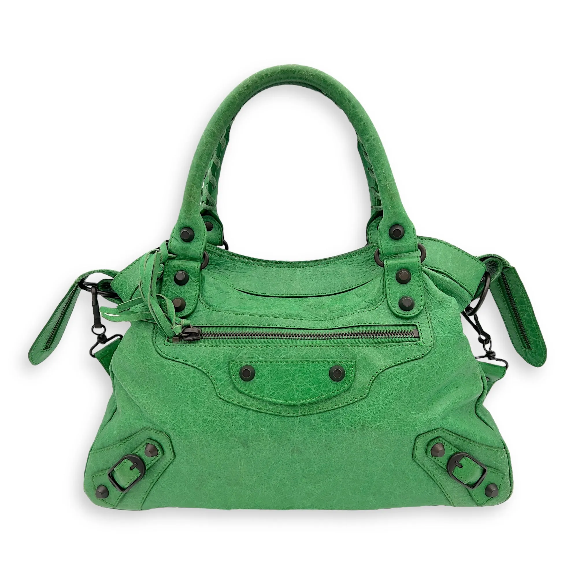 Motorcycle Town Green Top Handle Bag in Distressed Leather, Gunmetal hardware
