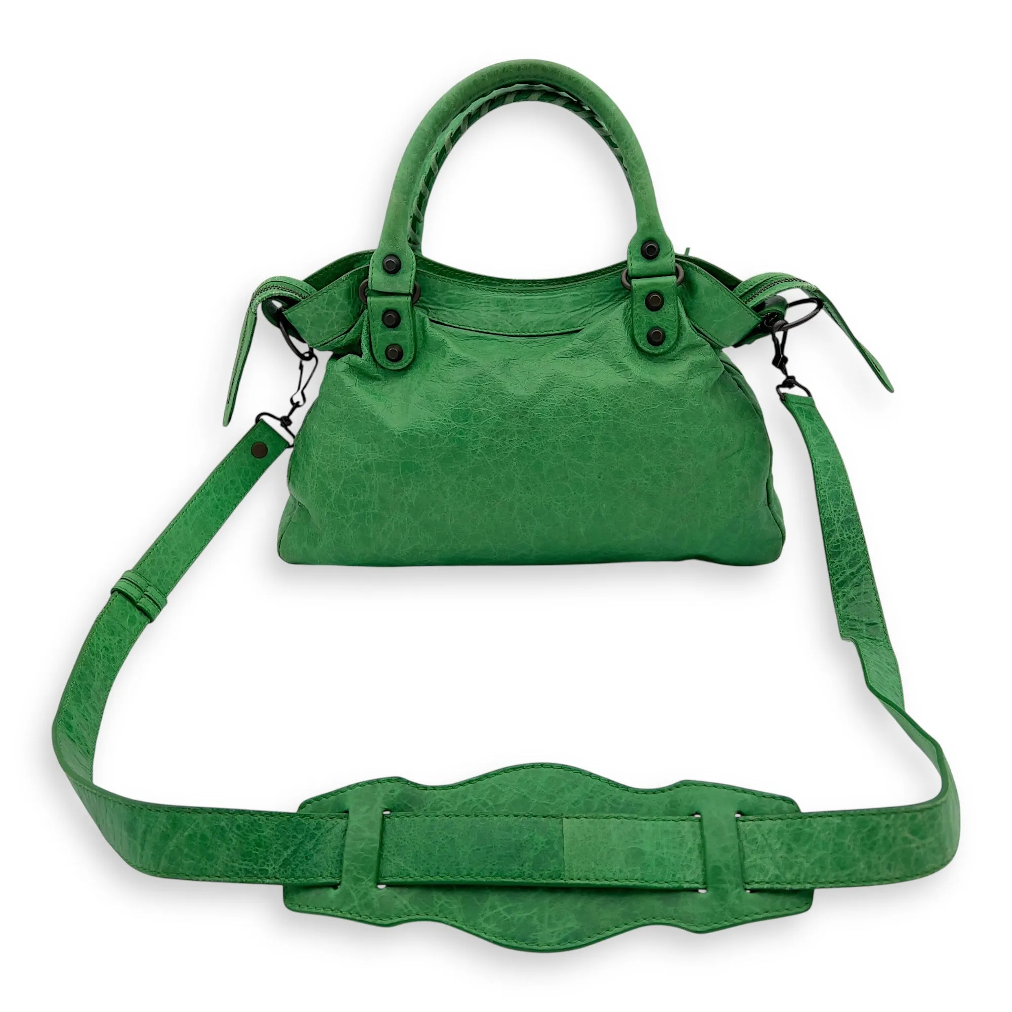 Motorcycle Town Green Top Handle Bag in Distressed Leather, Gunmetal hardware